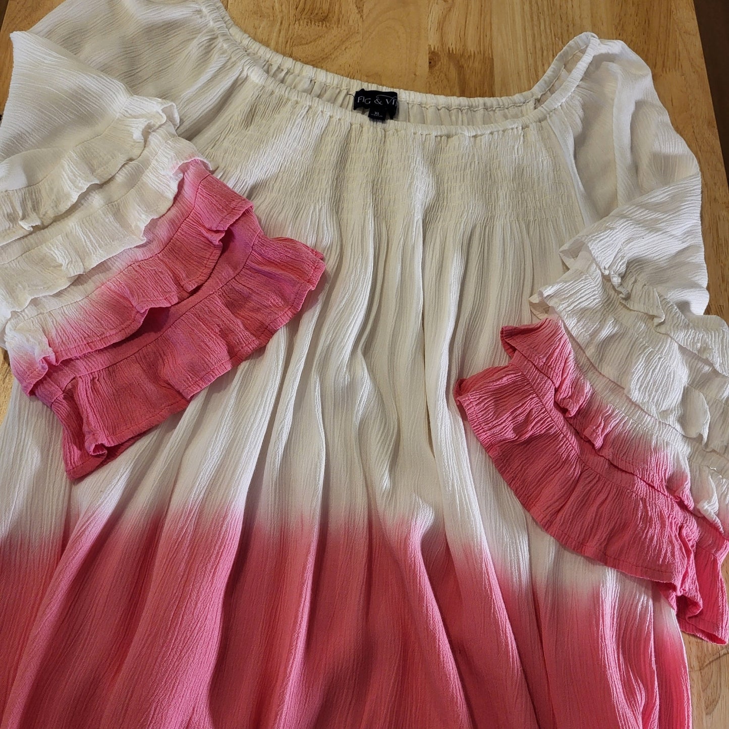 Fig & Vine White Pink Ombre Ruffle Tiered Off Shoulder Cotton Rayon XL