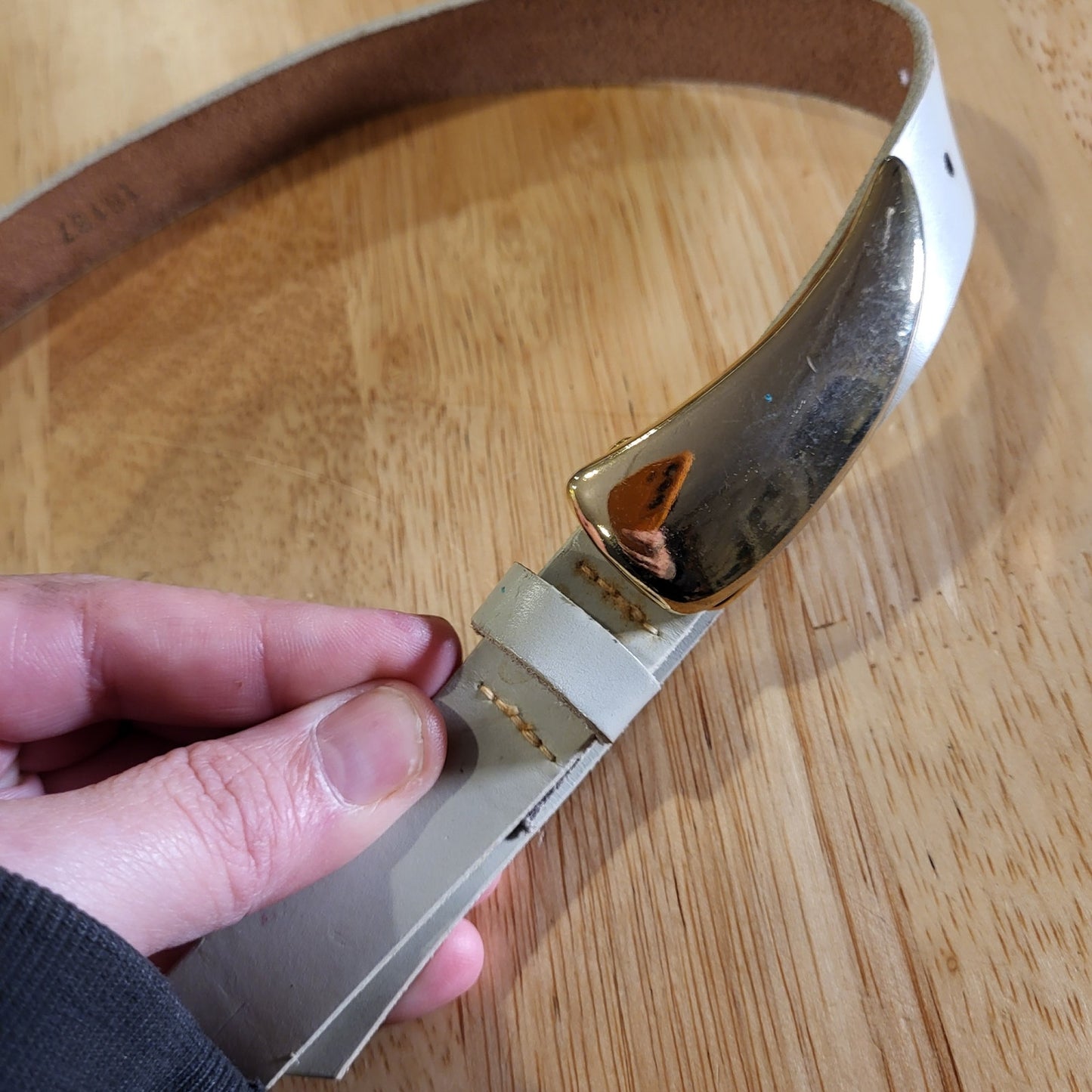 Leather Gray Skinny Belt Gold Talon Fang Clasp 30" Long