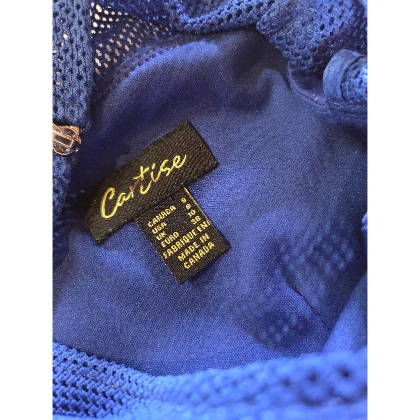 Cartise blue rayon blend jersey knit dress mesh cut out shoulder zipper gold 8