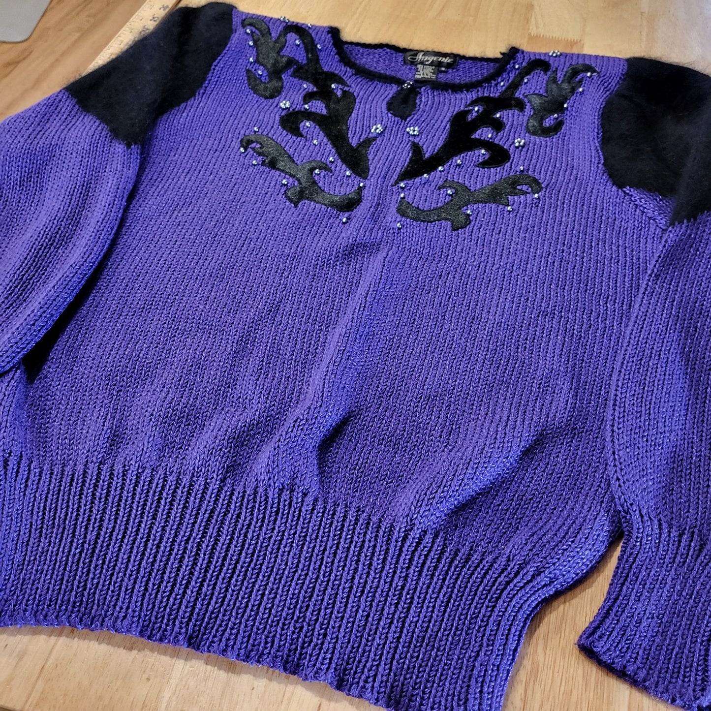 Vintage Purple Embellished Black Blended Knit Sweater 20" P2P