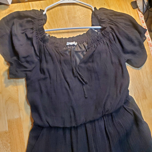 Lush Black Balloon Ruffle Hem Billowy Jumpsuit 30" Elastic Waist Wide Leg 28"