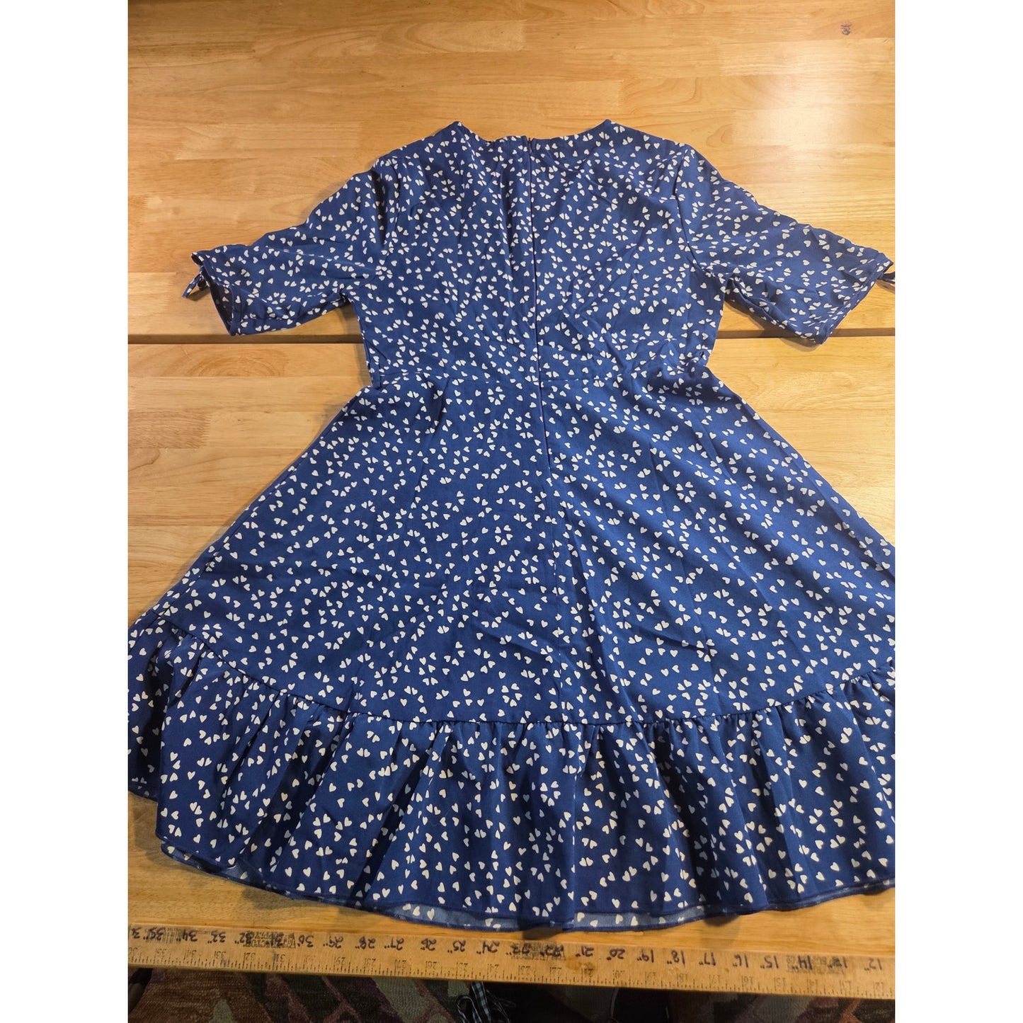 Floral Pig Blue Heart Print Dress Keyhole Puff Sleeve Detail Faux Wrap M