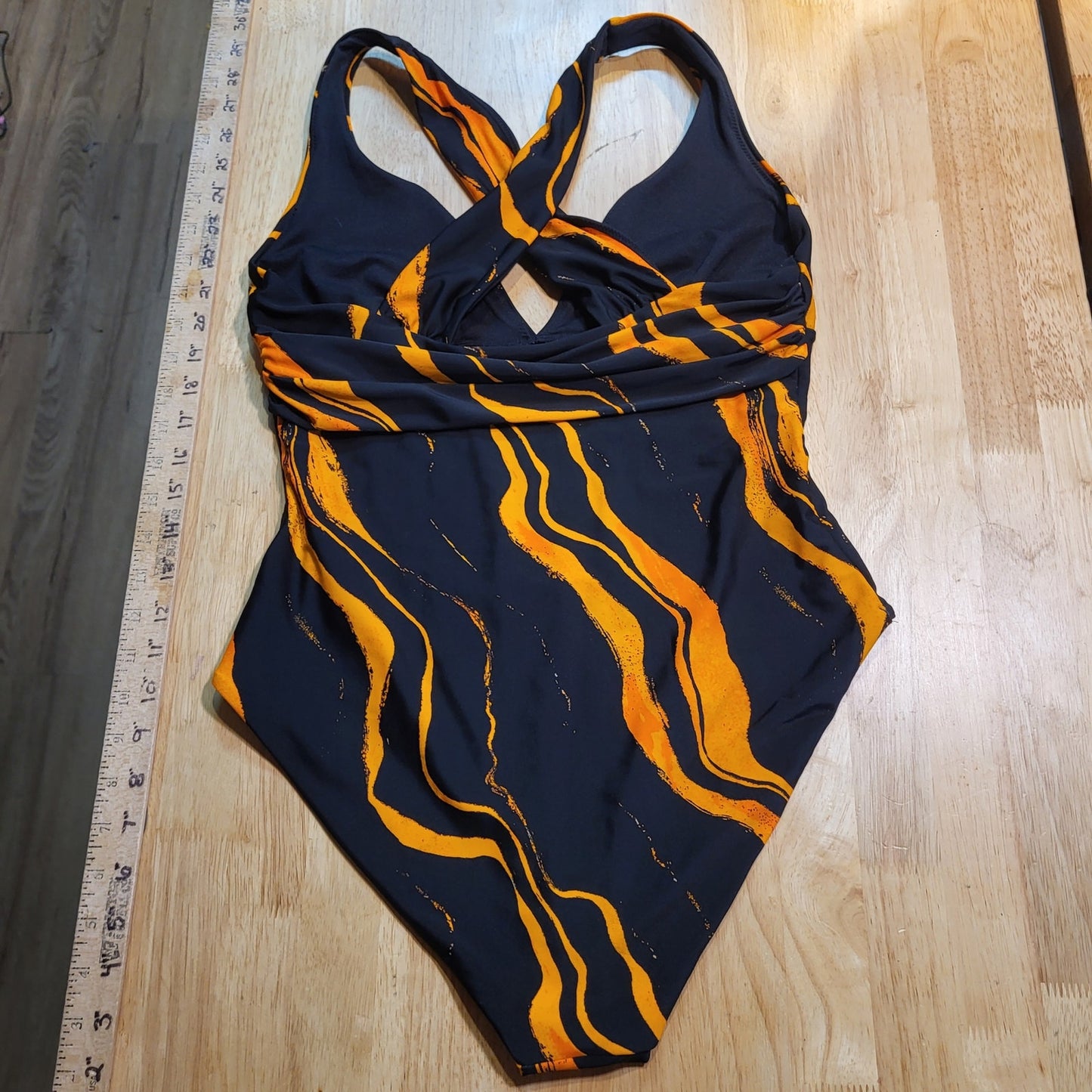 Black One Piece Bathing Suit Orange Lava Stripes 15" P2P Triangle Top