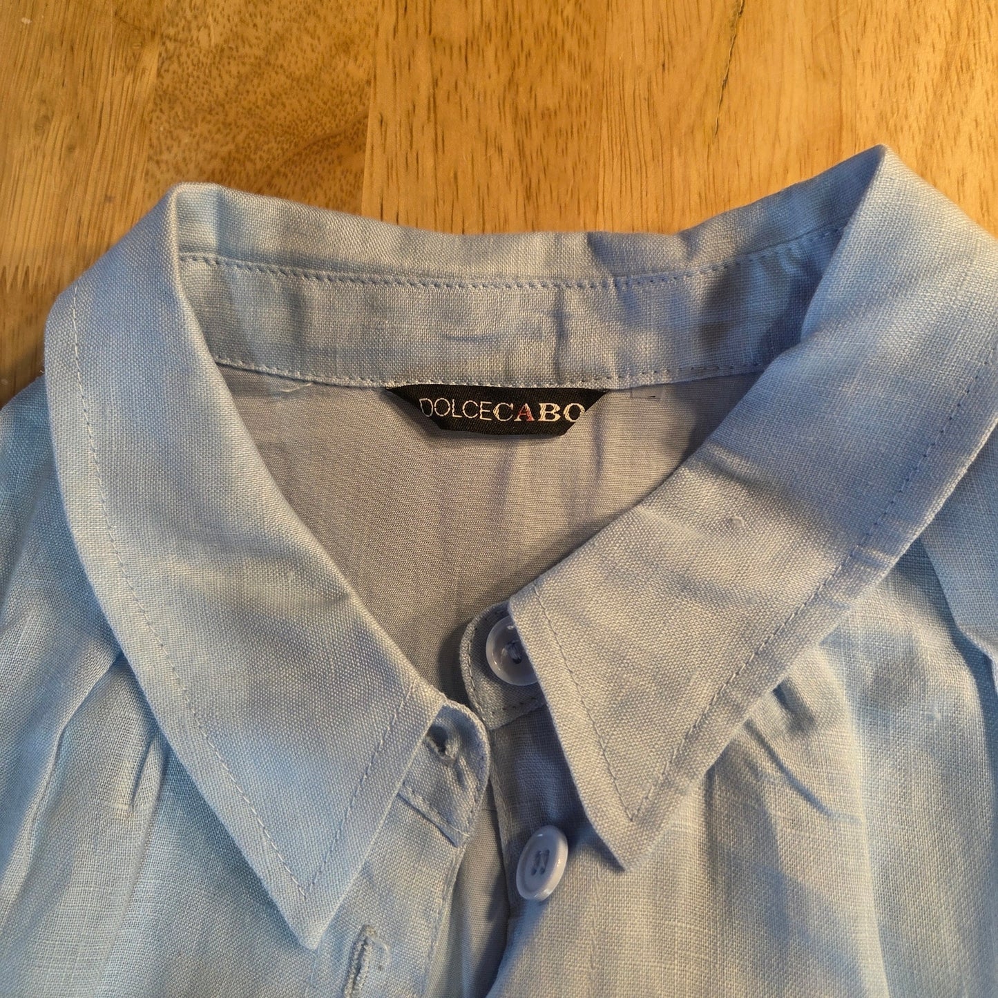 DolceCabo fully lined blue linen puff sleeve collared shirt dress mini 20" p2p