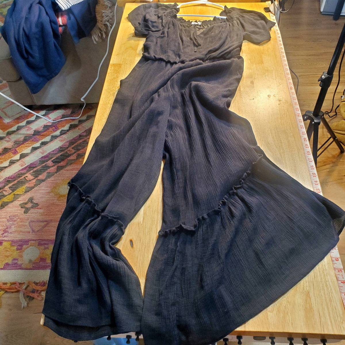 Lush Black Balloon Ruffle Hem Billowy Jumpsuit 30" Elastic Waist Wide Leg 28"
