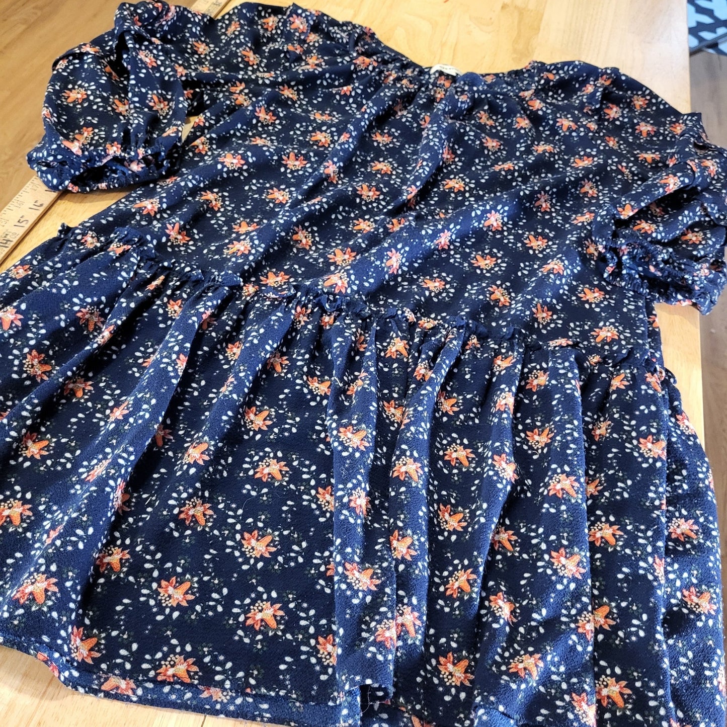 Max Studios Blue Floral Long Sleeve Mini Dress Tiered Ruffle Medium