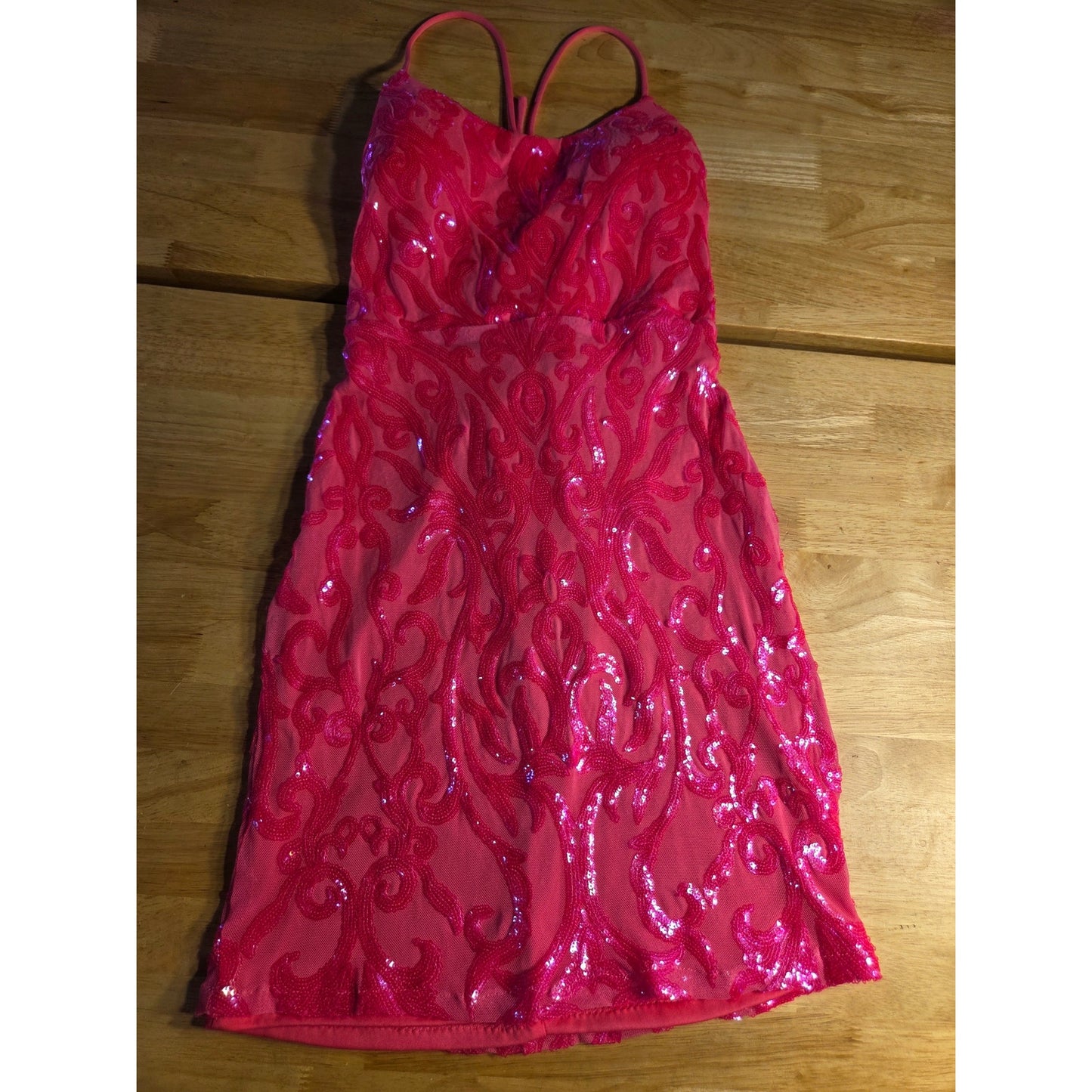 City Vibe neon pink bodycon spaghetti strap lace back dress stretch Mini 7