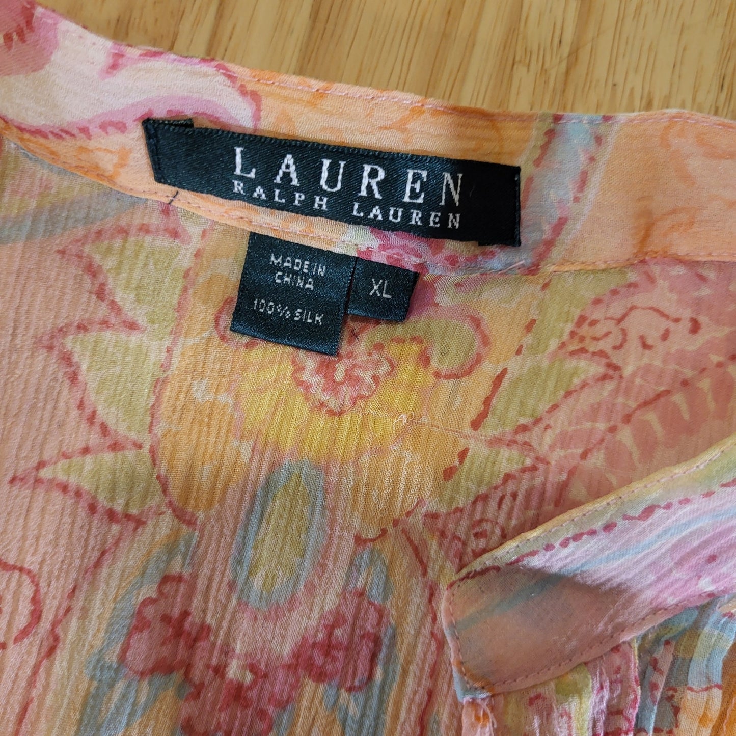 Ralph Lauren 100% Silk PINK Sheer Paisley Collared Button Down Blouse Size XL