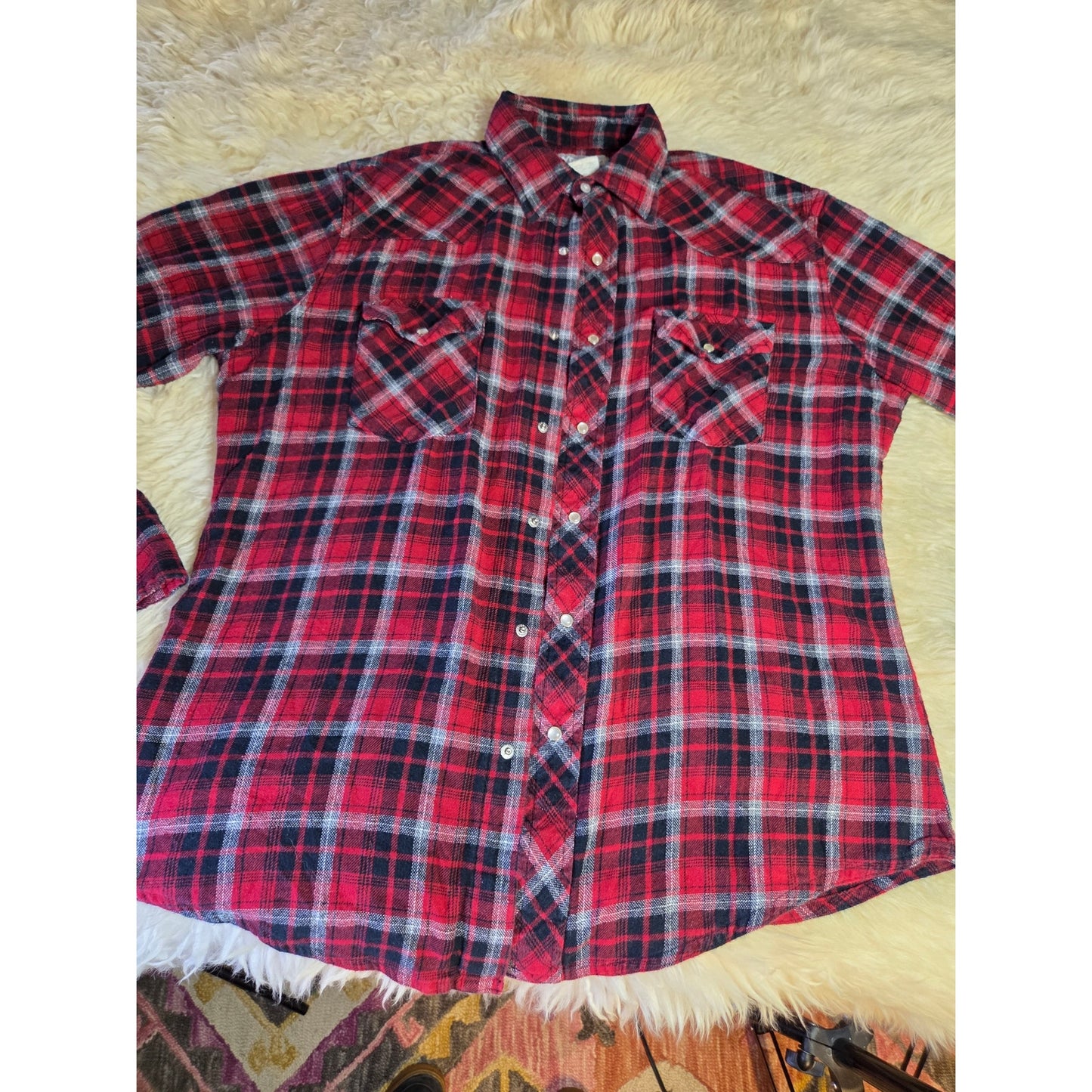 Wrangler Vintage Red Plaid Pearl Snap Western Collared Shirt 100% Cotton Large