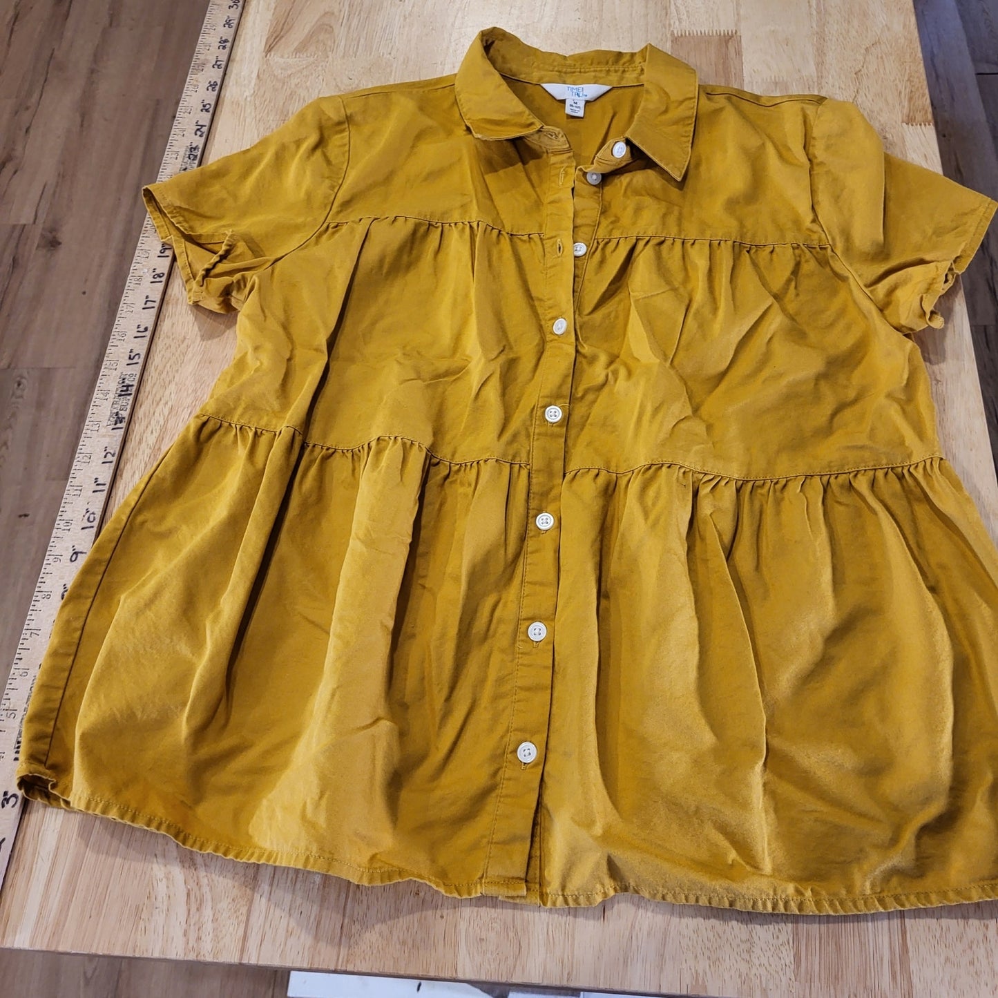 Cotton mustard yellow tiered ruffle button down cap sleeve 8/10 20" P2P