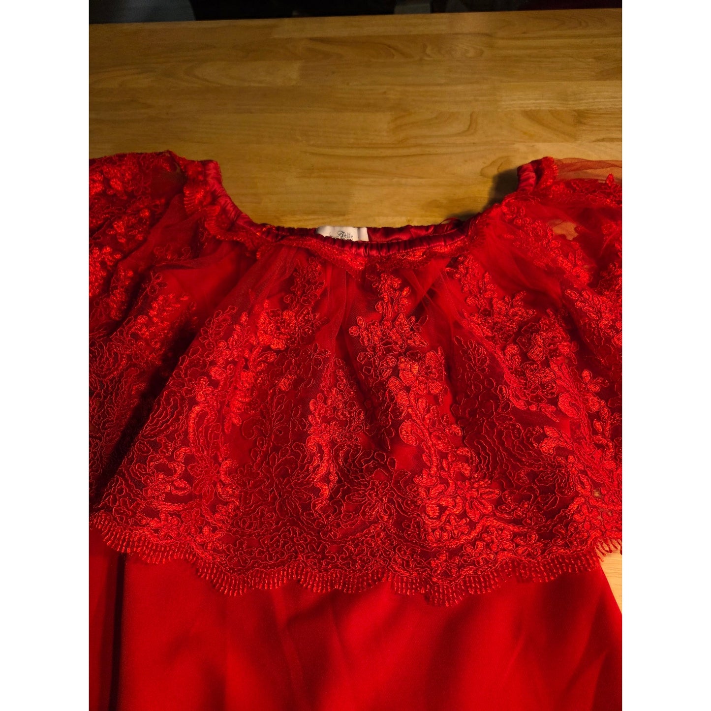 Badgley Mischka Belle Red Bardot Lace Body Con Midi Dress US size 10