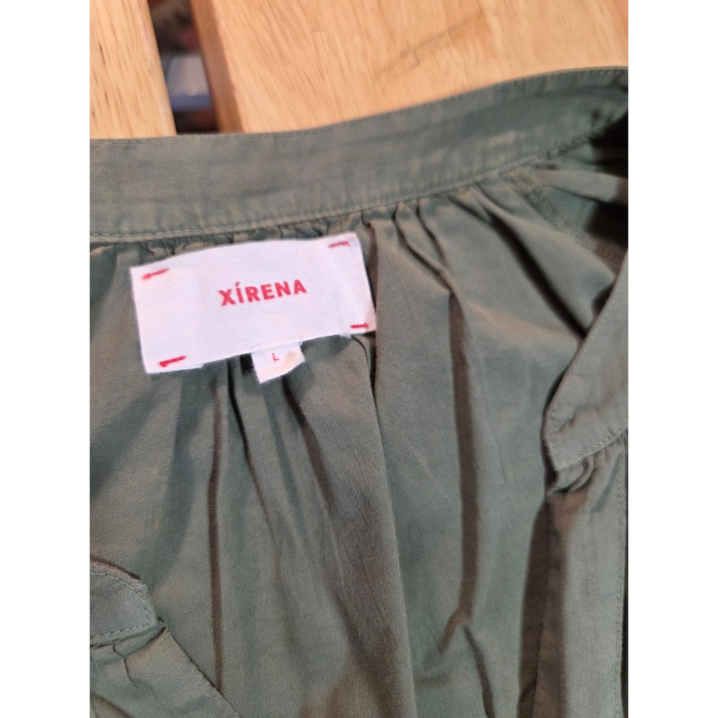 Xirena green army woven long sleeve blouse button front mandarin collar size lg