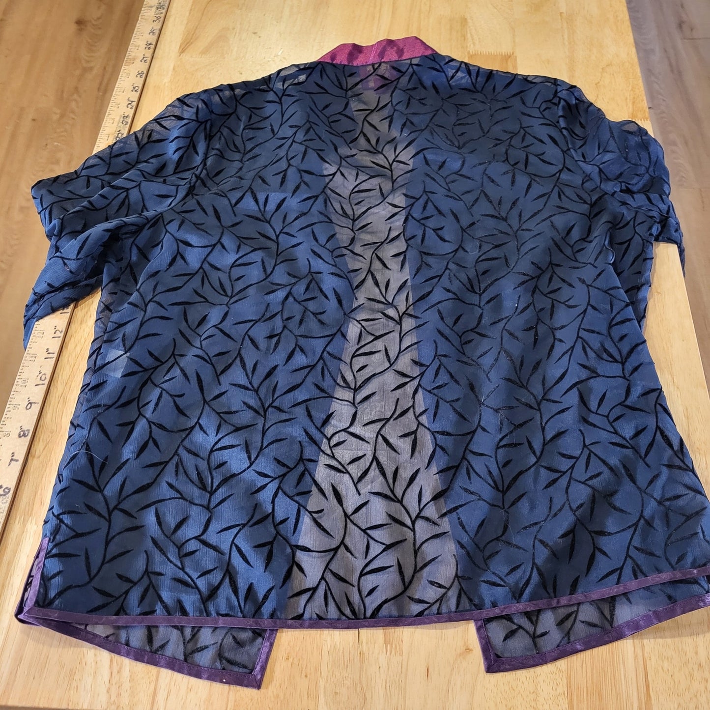 Blue Sheer Botanical Patterned Mandarin Collar Chinese Purple Embroidered Cuffs
