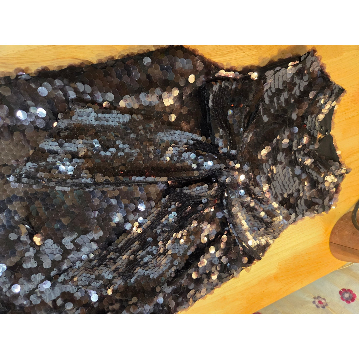 Ciebon XS black sequin sleeveless A-line mini dress bow mock collar
