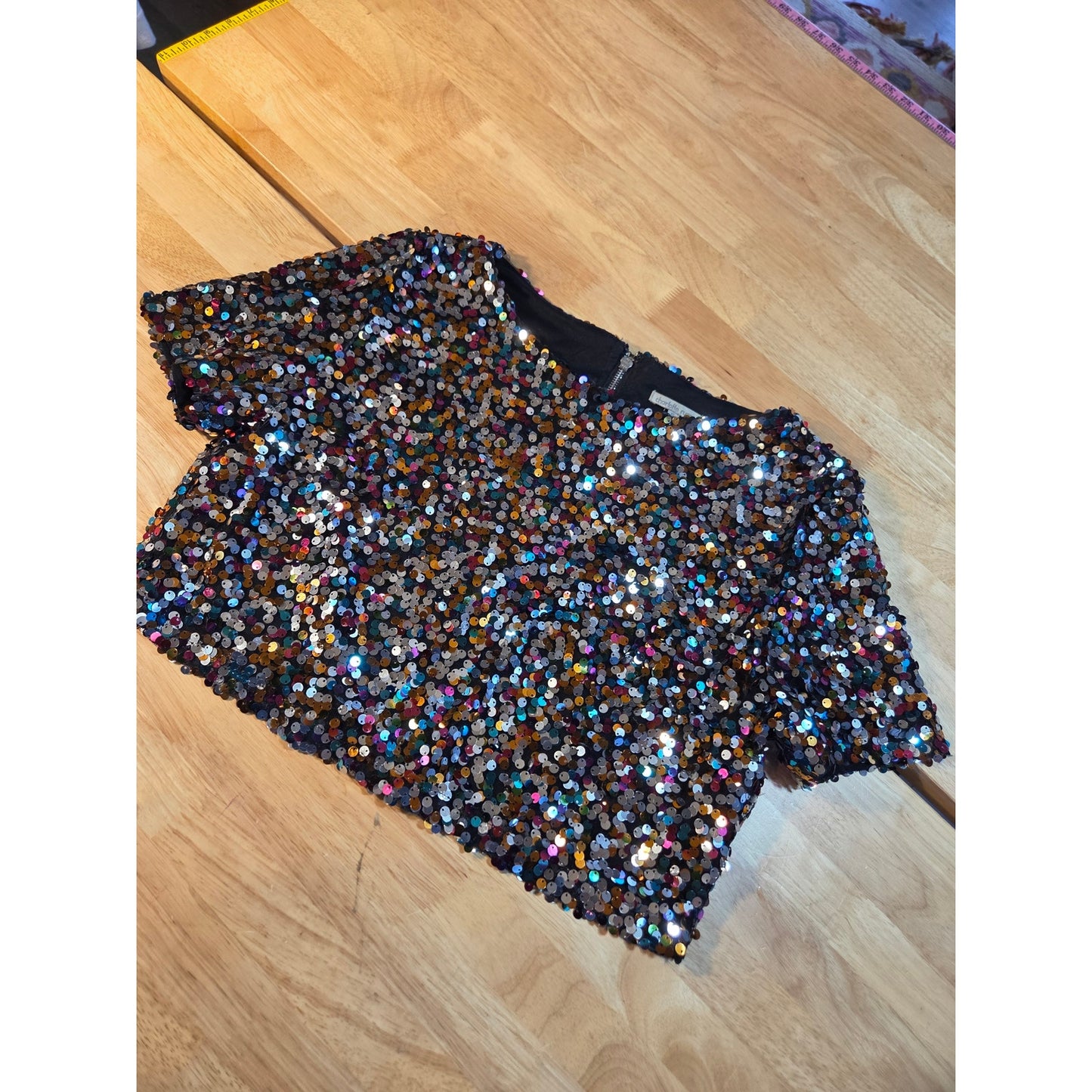 Charlotte Russe extra large sequin crop short sleeve party blouse colorful disco