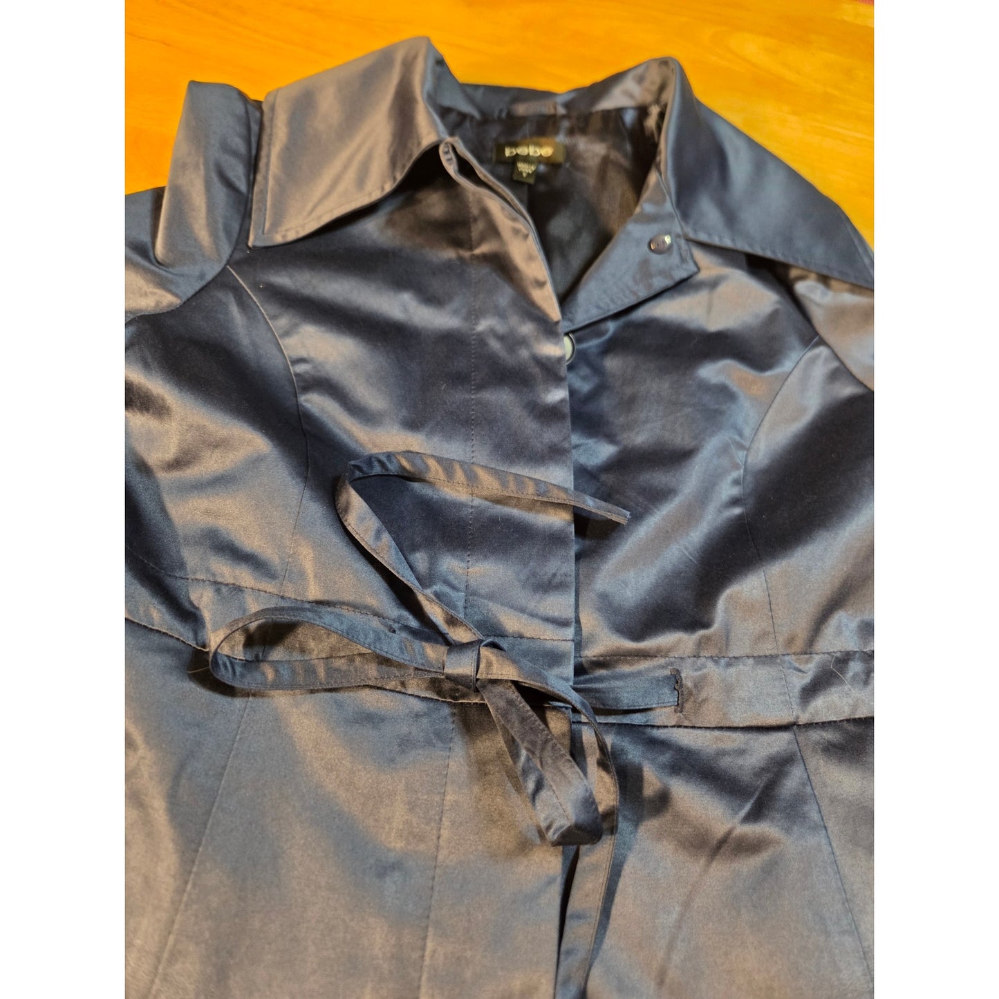 Bebe navy blue double breasted wide collar knee length Overcoat satin size sml