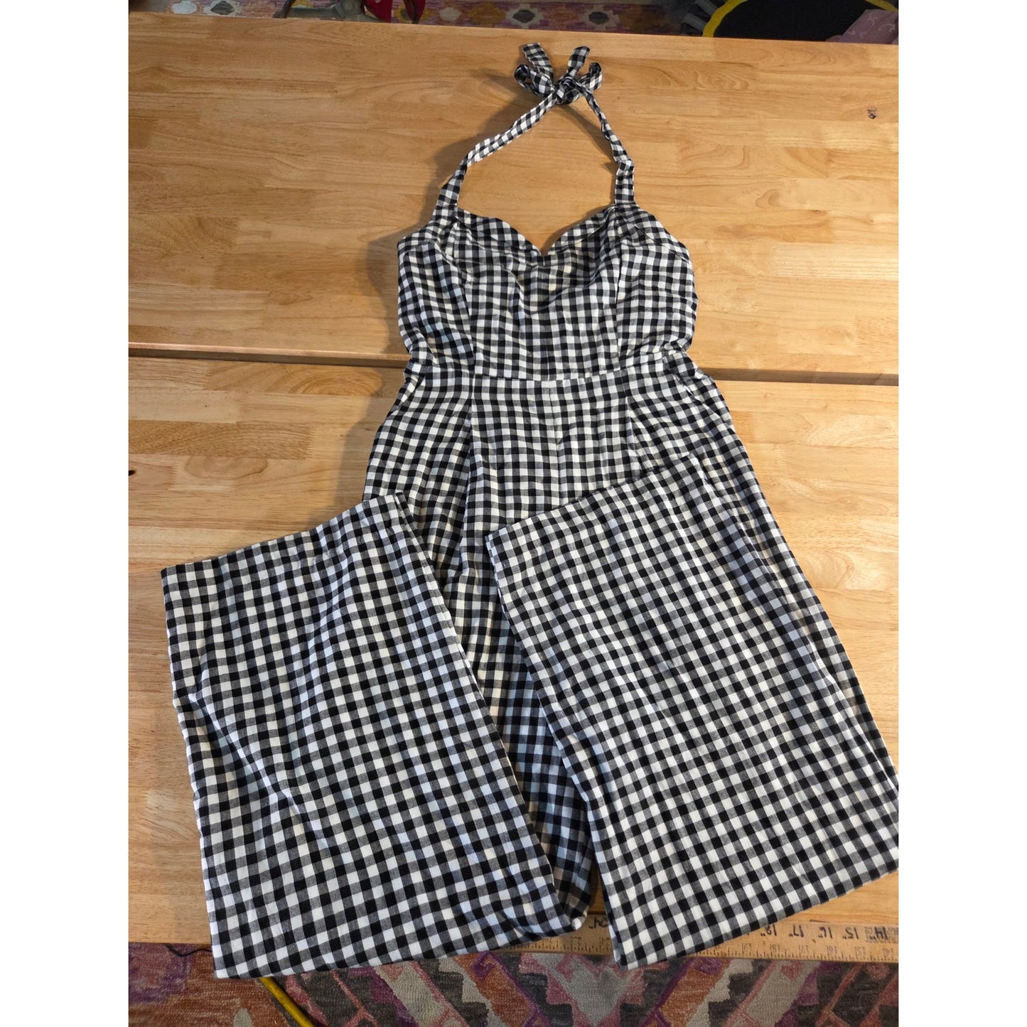 Boston Proper Black & White Gingham Sleeveless Princess Neckline Linen Jumpsuit