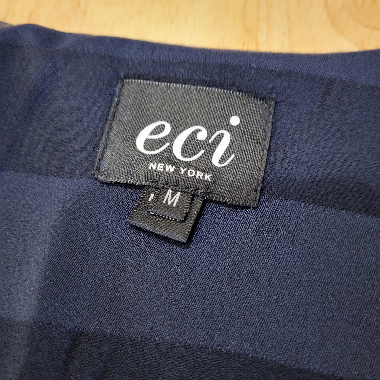 Eci New York Satin Blue Striped Knee Length Dress Pockets 20" P2P Medium