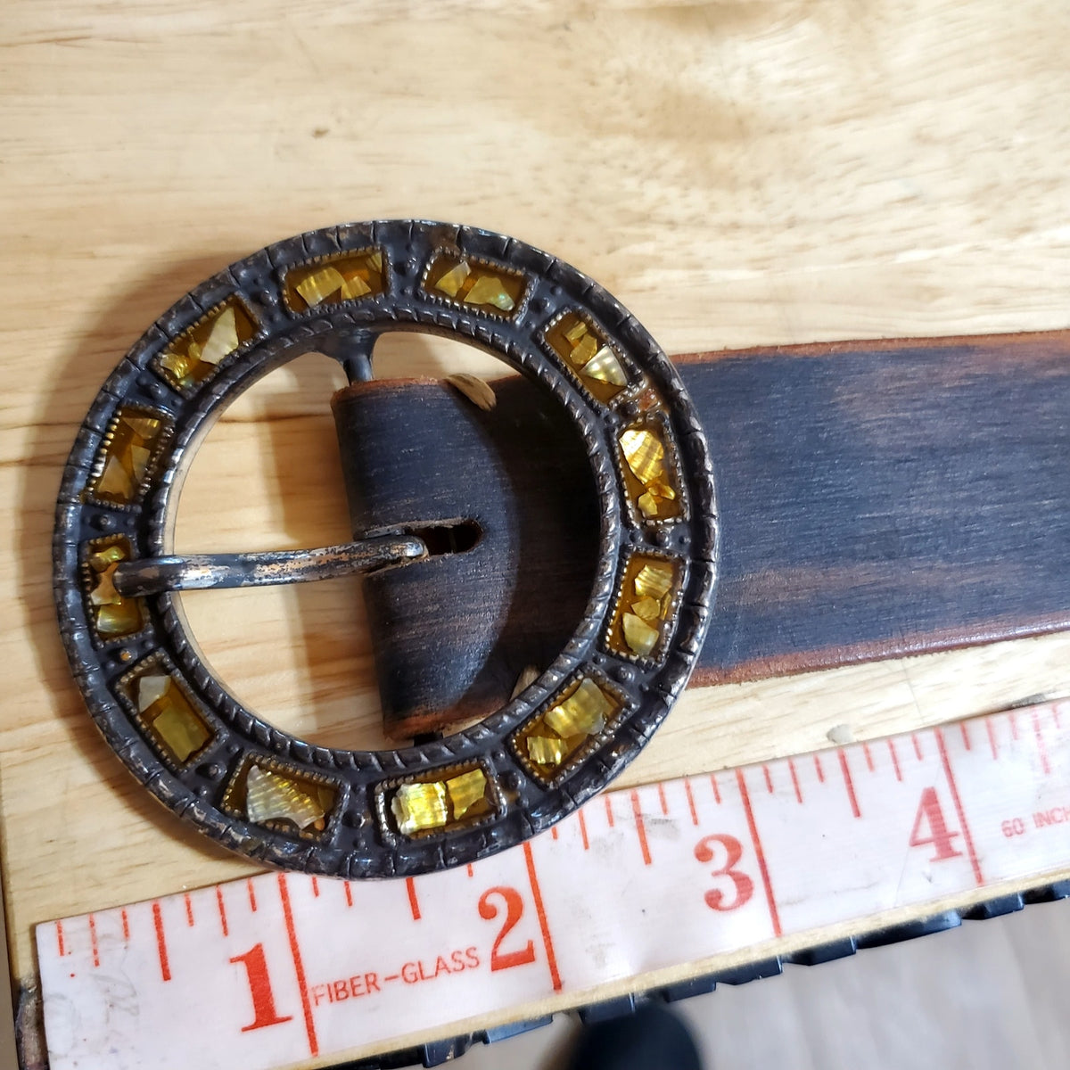 Rhinestone Studded Belt Buckle Yellow Belt Bohemian Faux Leather 40"