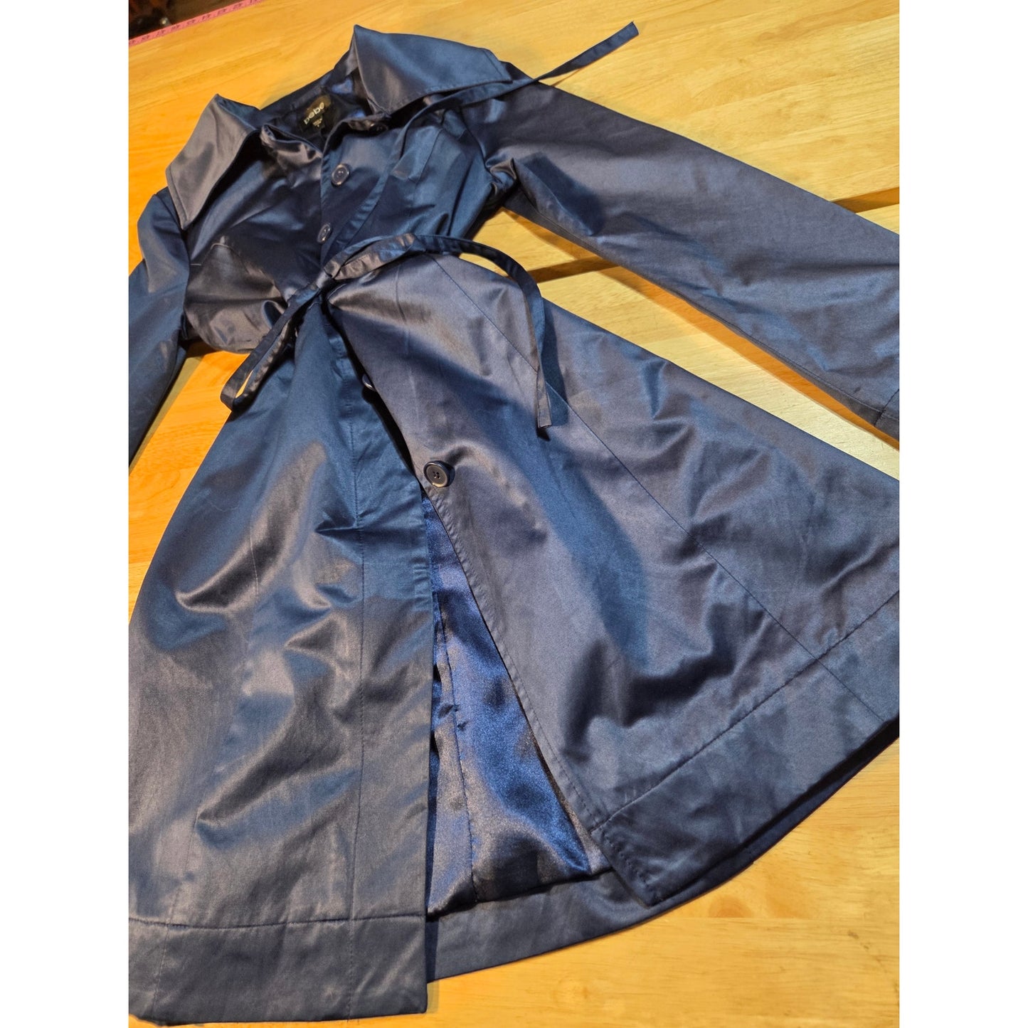 Bebe navy blue double breasted wide collar knee length Overcoat satin size sml