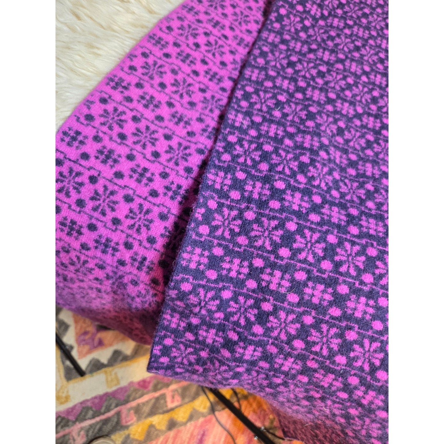 Lands End Wool Blend Scarf Knit Pink Purple Fair isle Pattern