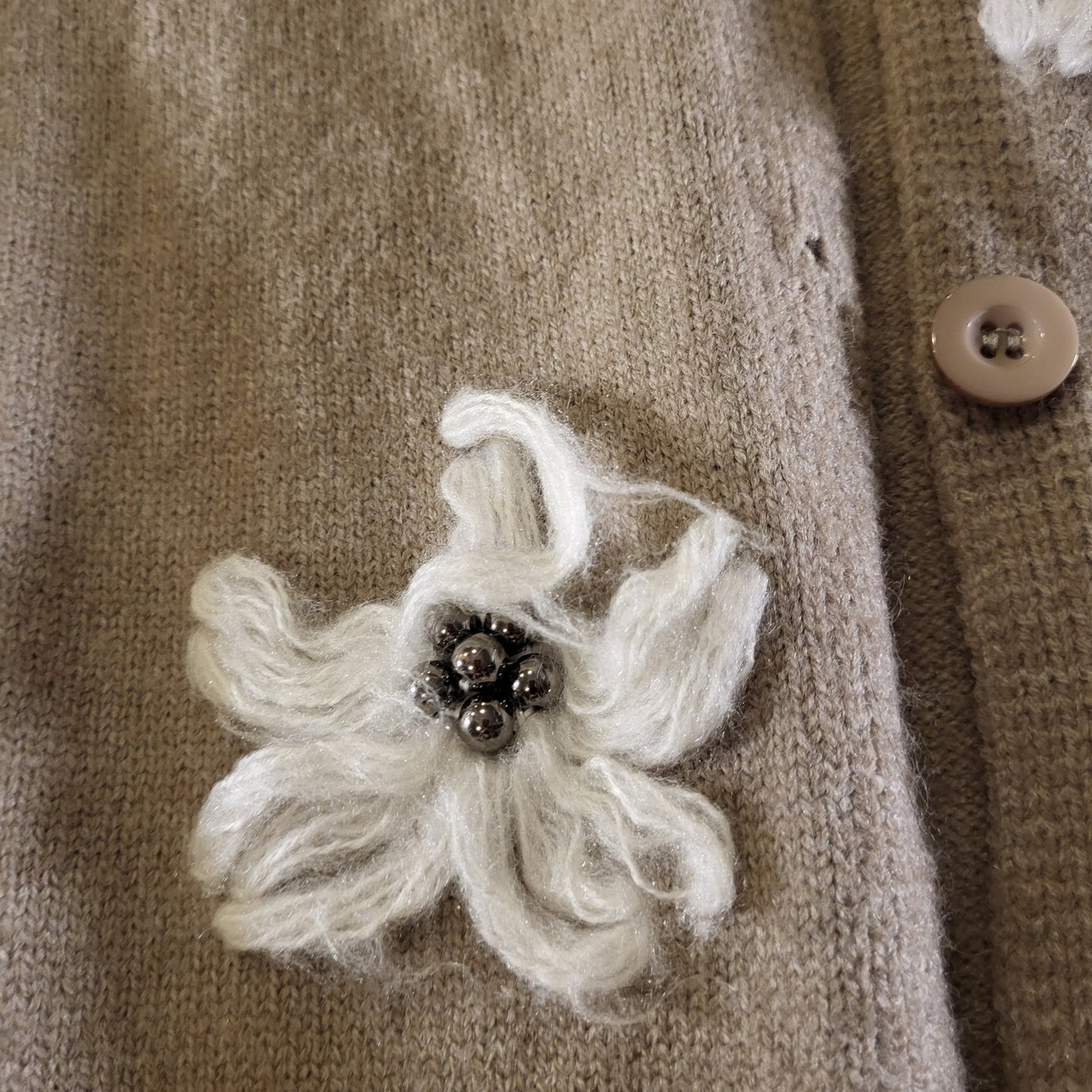 Yesmi Beige Cardigan Button Floral Embroidered Embellishment Knit 23" P2P