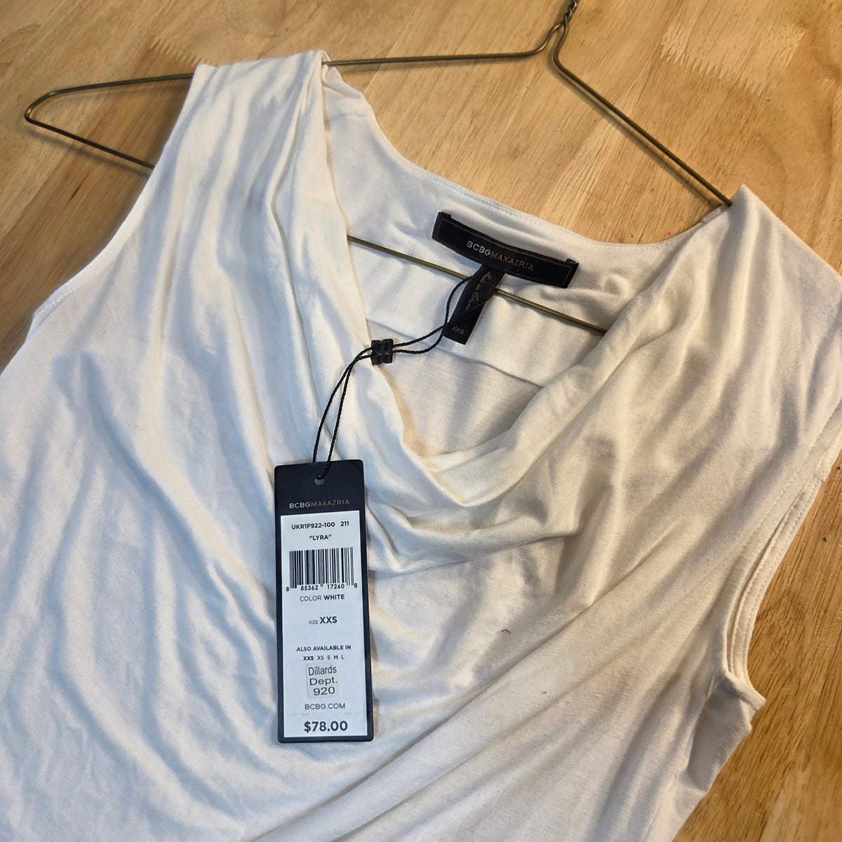 NWT BCBGMAXAZRIA Cowl Neck Sleeveless White Jersey Knit Thin Blouse xxs