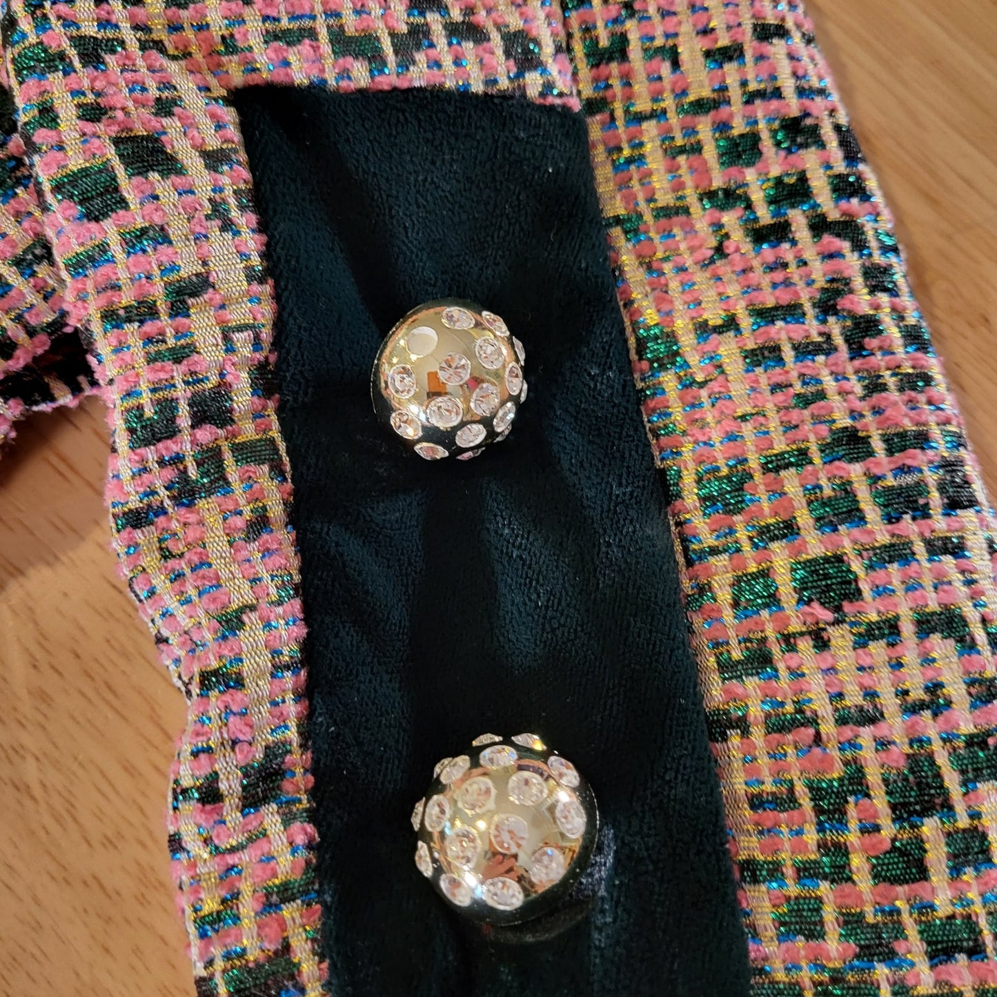 Vintage Tweed Metallic Pink Shirt Coat Green Velvet Trim Rhinestone Buttons 16"