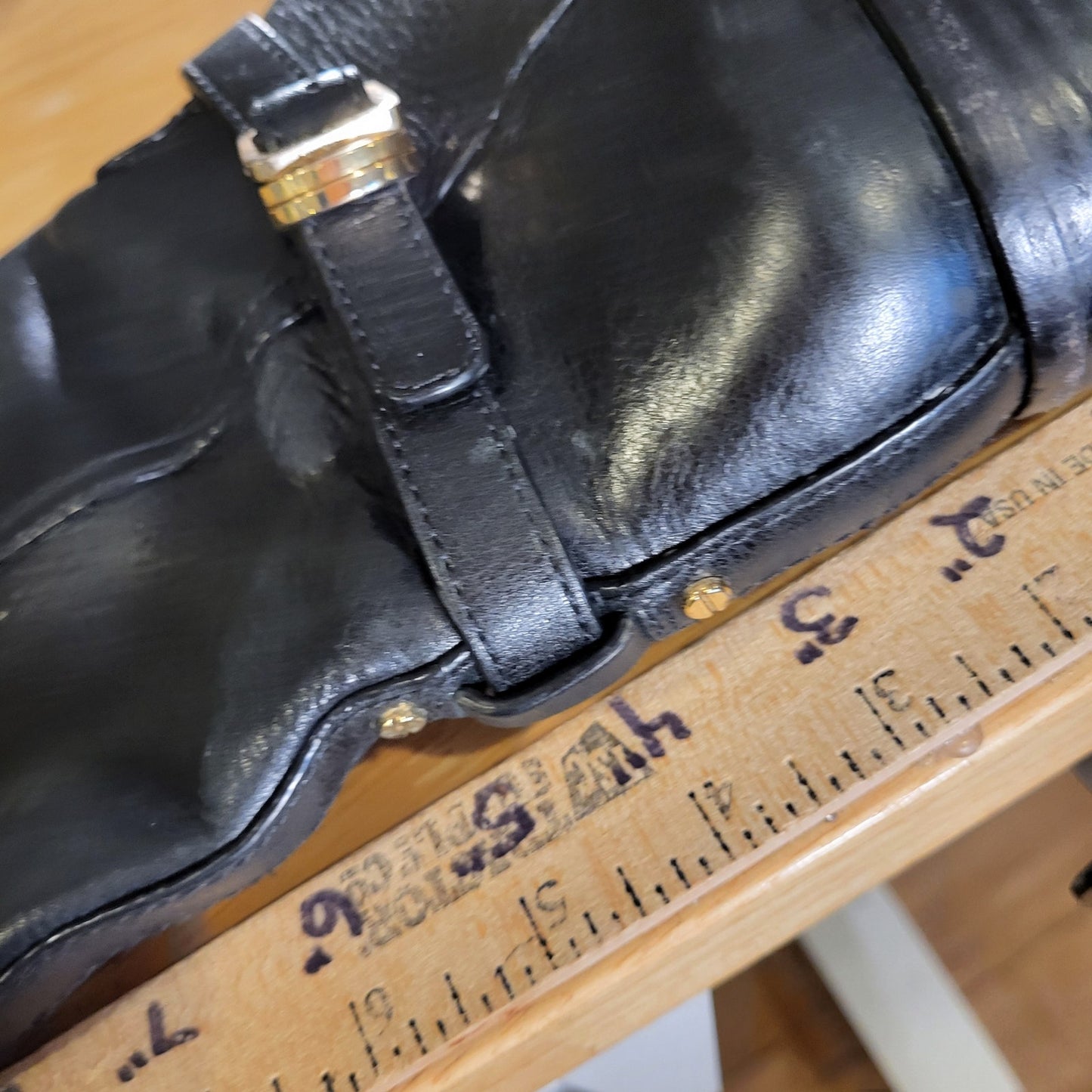 Tory Burch Black Leather Riding Boots Gold Hardware Embossed Stitched 8M