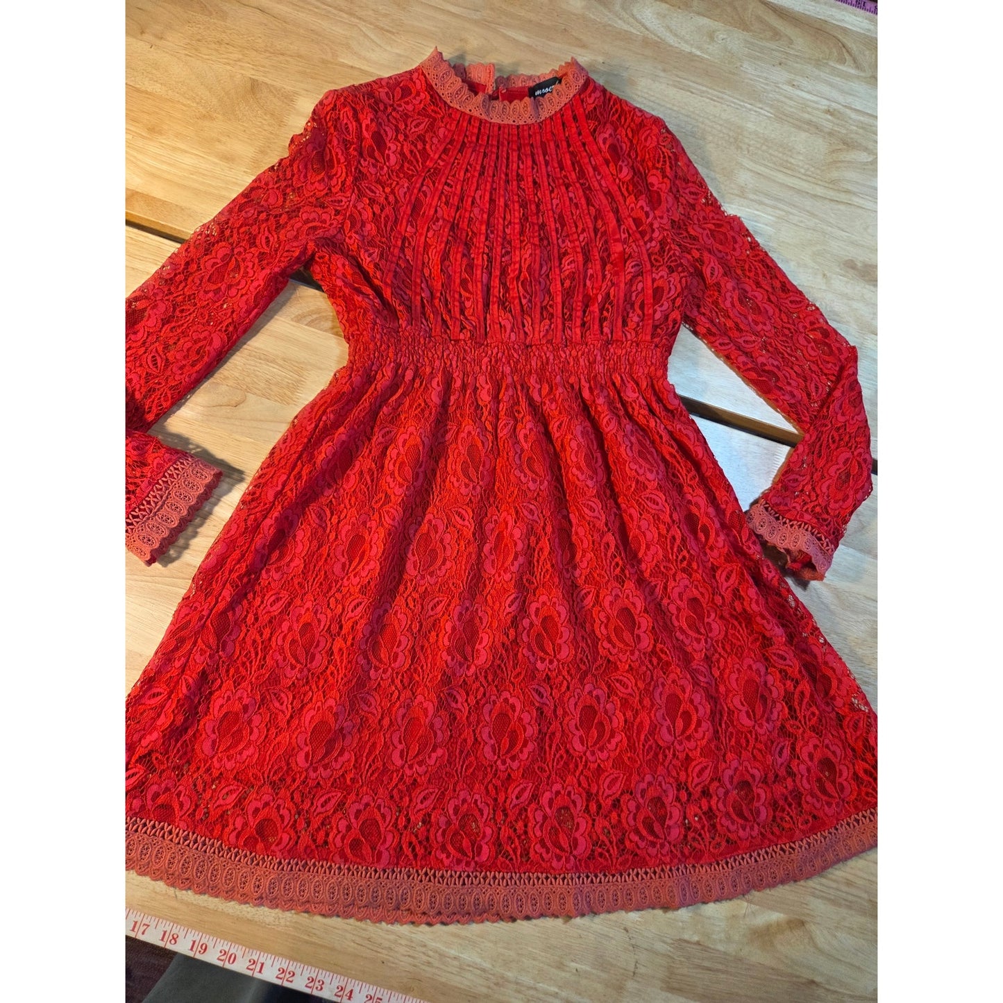 Mooerkeer red lace mini long sleeve dress high neck keyhole back size medium