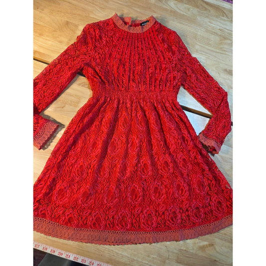 Mooerkeer red lace mini long sleeve dress high neck keyhole back size medium