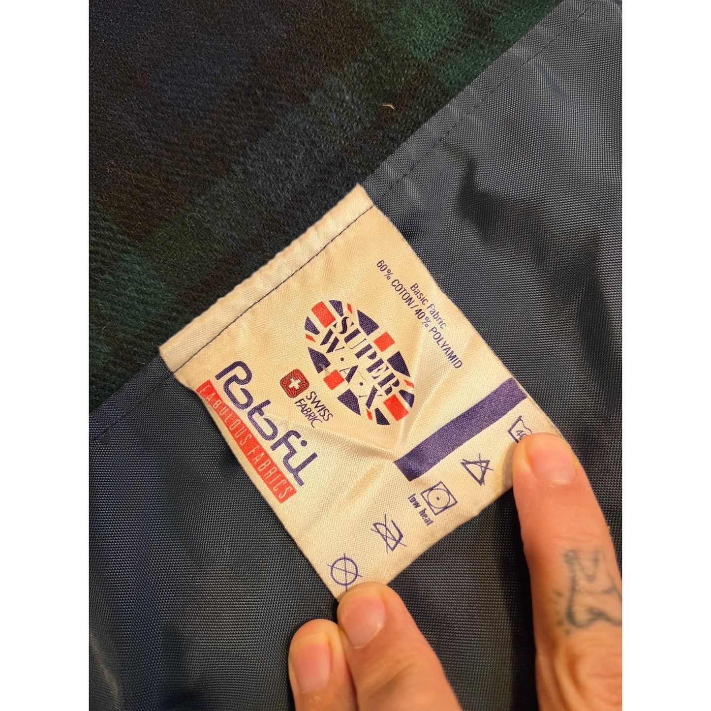 Loofey Swiss Plaid Wool Lined Navy blue Oiled Trench Rain Coat Medium Tartan