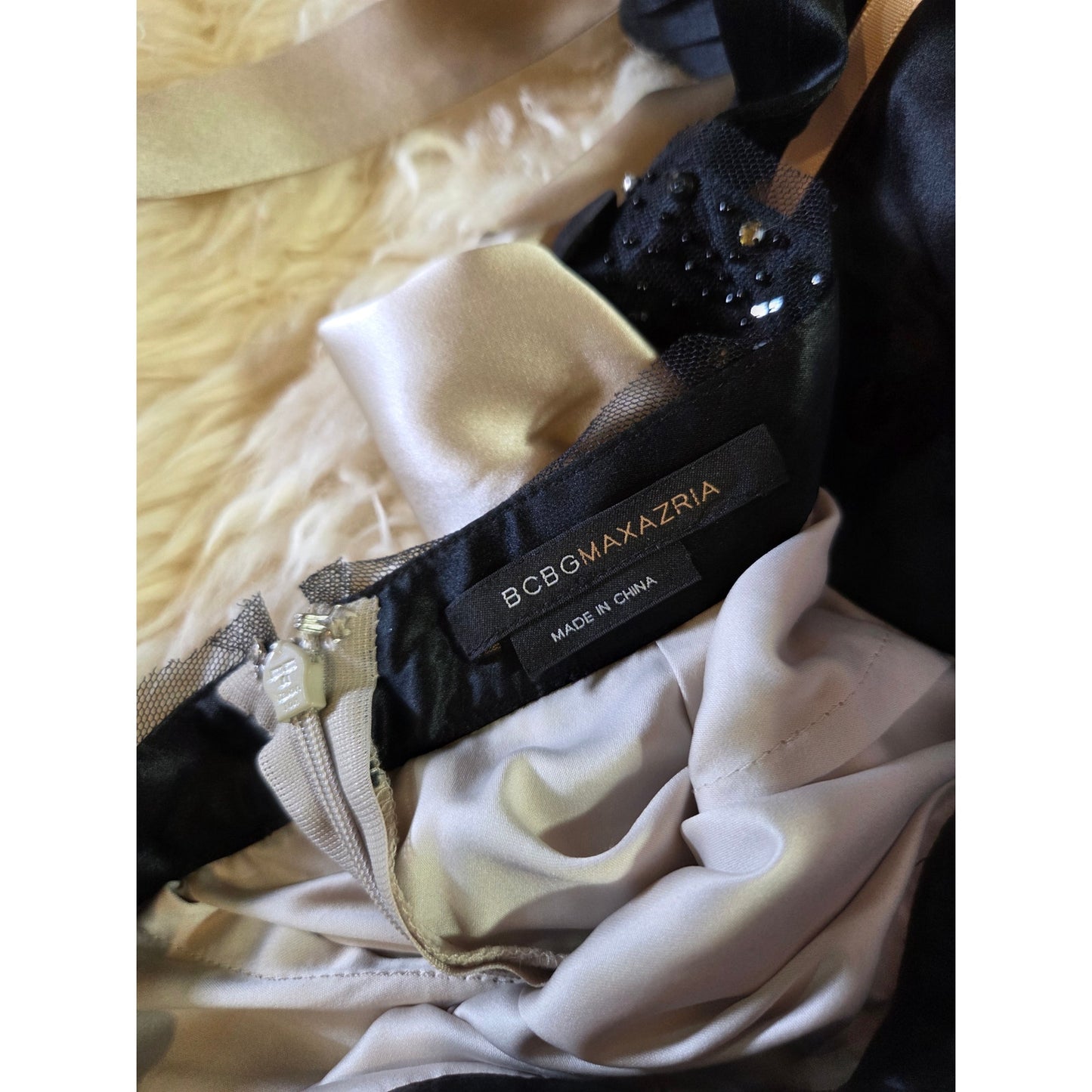 BCBGMAXAZRIA 100% Silk Satin Sleeveless Formal Gown Taupe Black Rhinestones 2