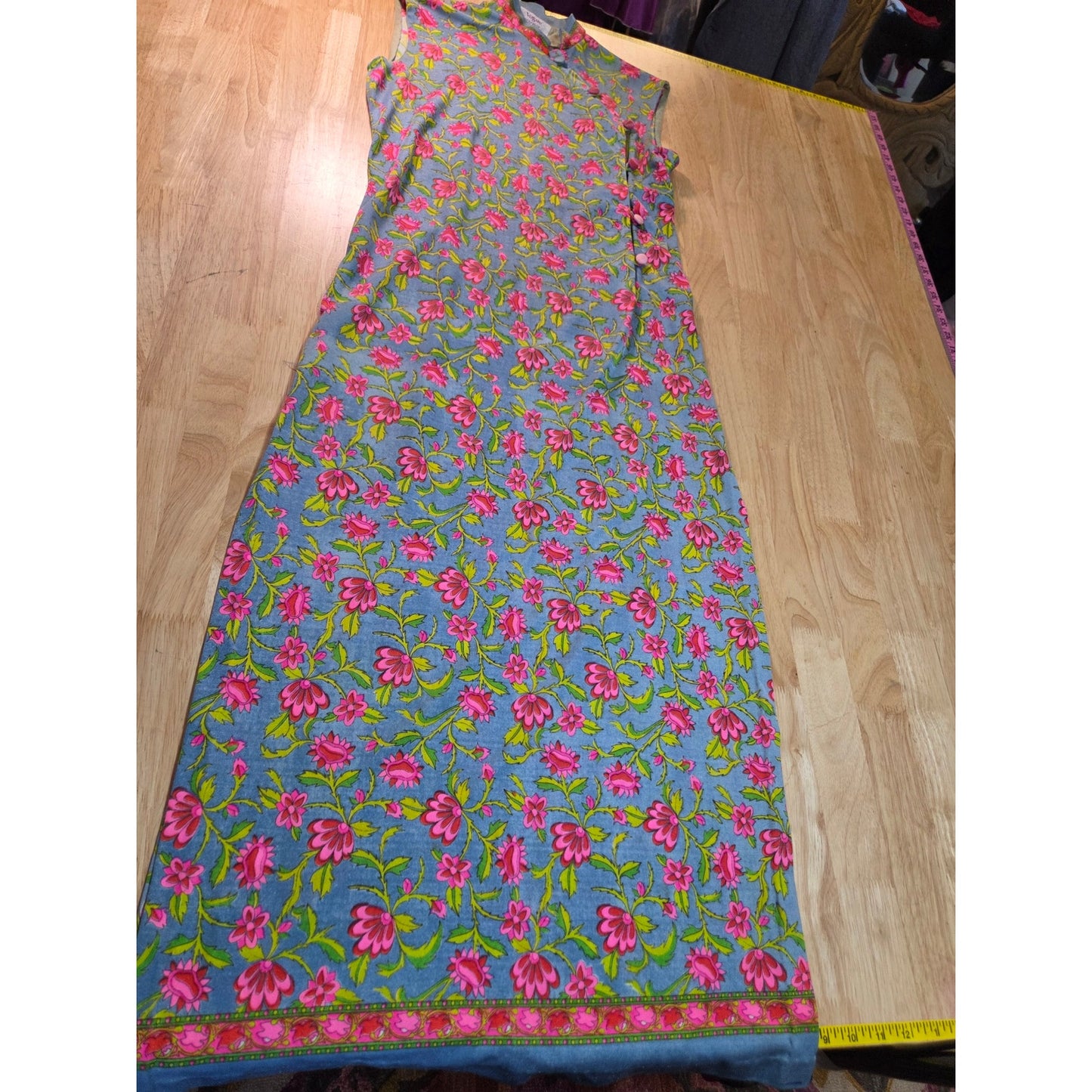 Vintage Chinese Style Hand Finished Neon Pink Blue Floral Sleeveless Maxi Dress