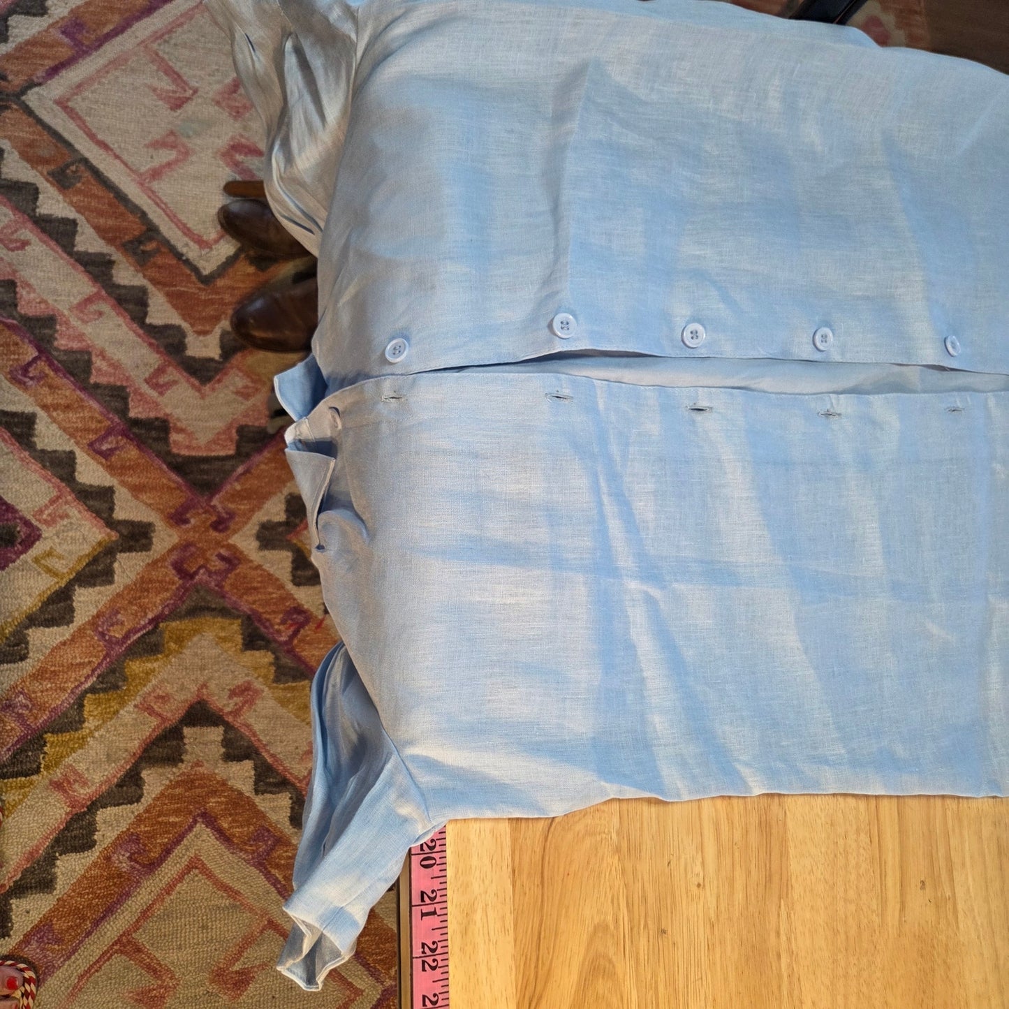 DolceCabo fully lined blue linen puff sleeve collared shirt dress mini 20" p2p