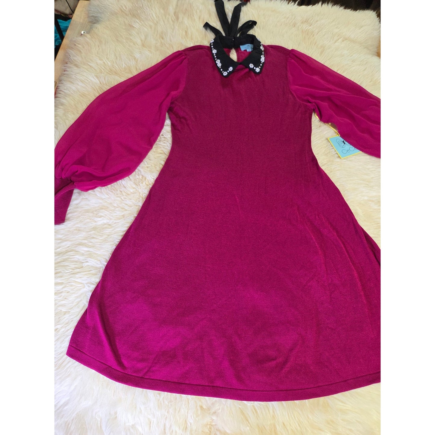 NWT Cece Pink fuchsia magenta sweater dress rhinestone Peter Pan collar
