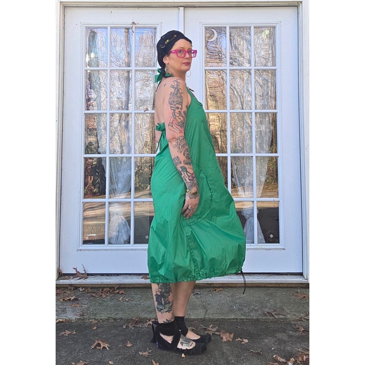 Douf. Green nylon Raver halter dress adjustable pockets bungee handmade 1 of 1