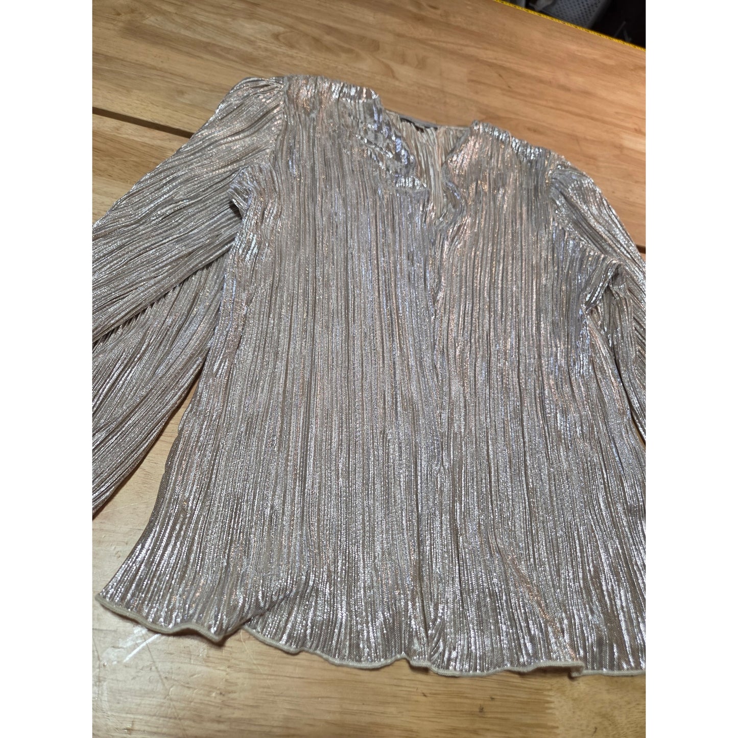 Chenault metallic long sleeve pleated blouse nylon rayon small