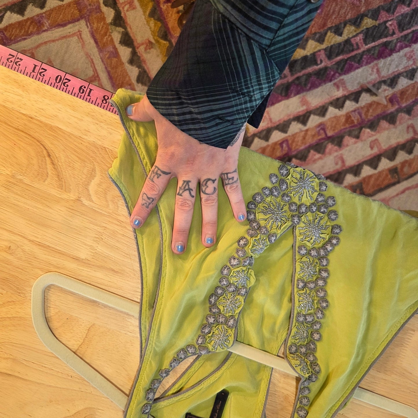 Bcbgmaxazria chartreuse neon green silk sleeveless tank dress embroidered med