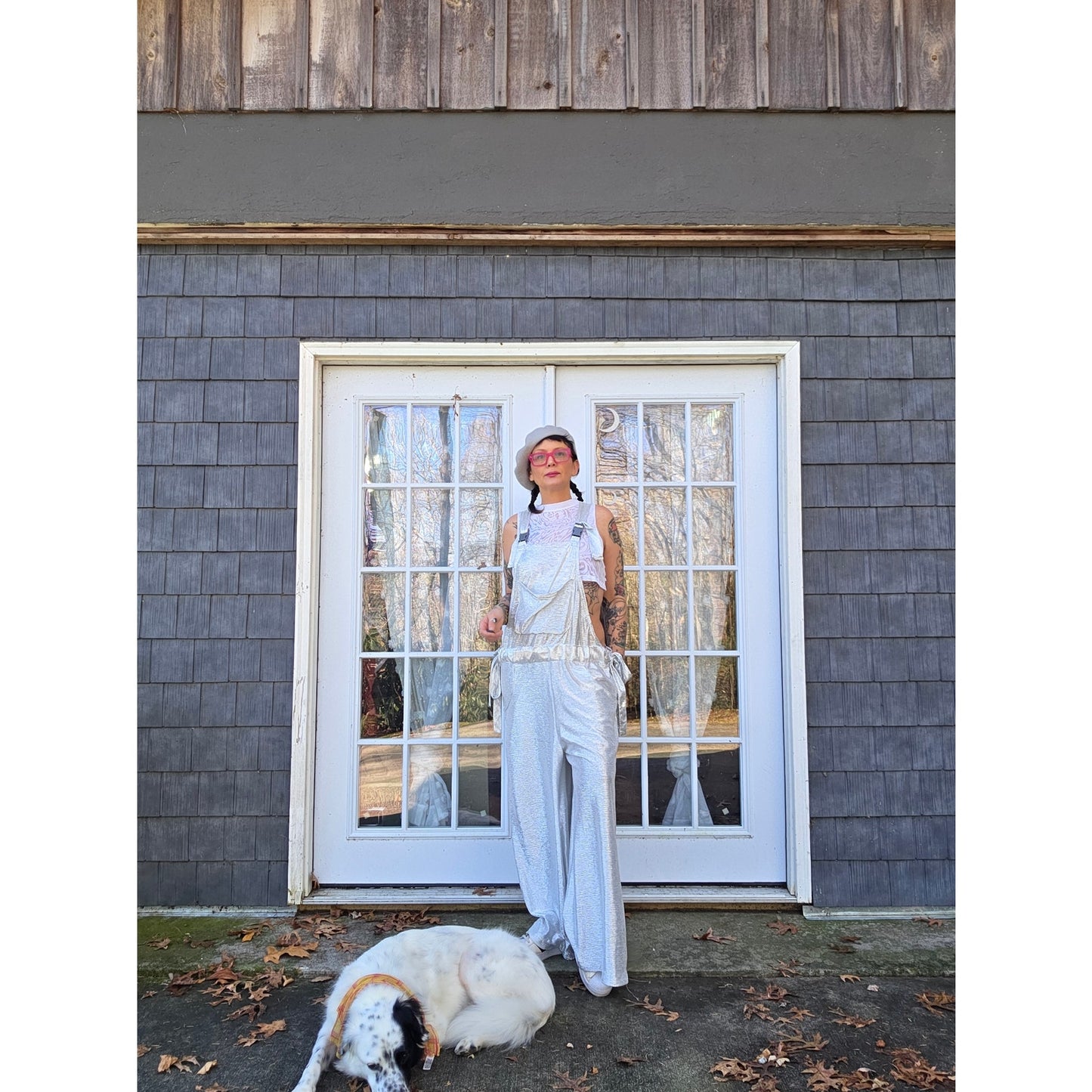 Douf. Silver stretch wide leg raver overalls adjustable One Size 1 of 1 Handmade
