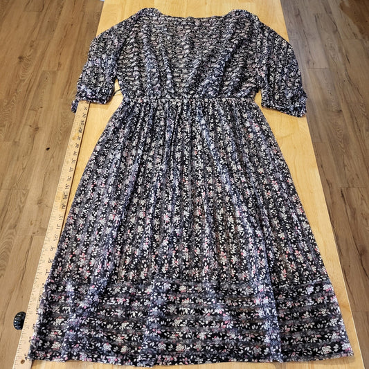 Vintage Sheer Stripe Black Floral Dress Elastic Waist Midi Long Sleeve 28" Waist