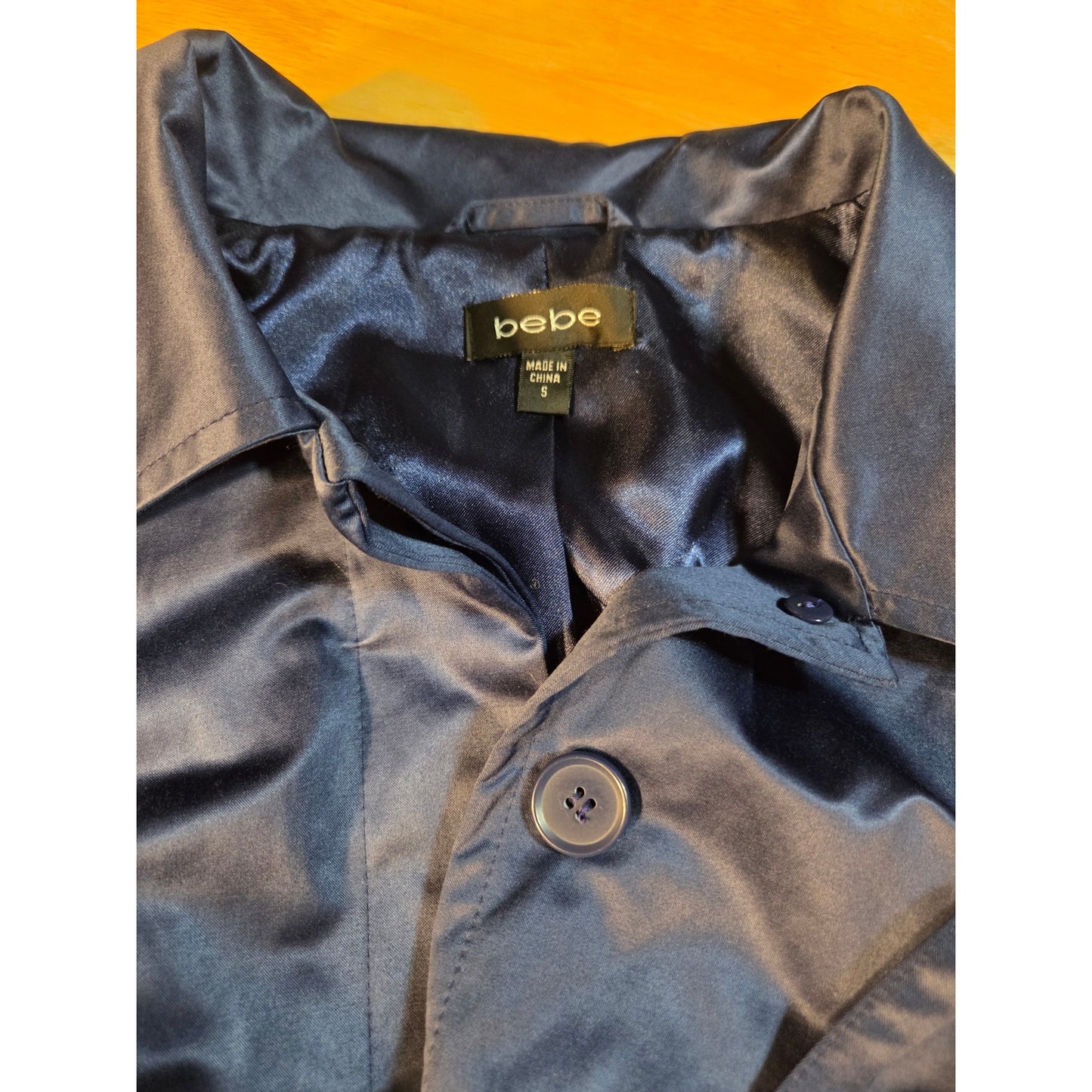 Bebe navy blue double breasted wide collar knee length Overcoat satin size sml