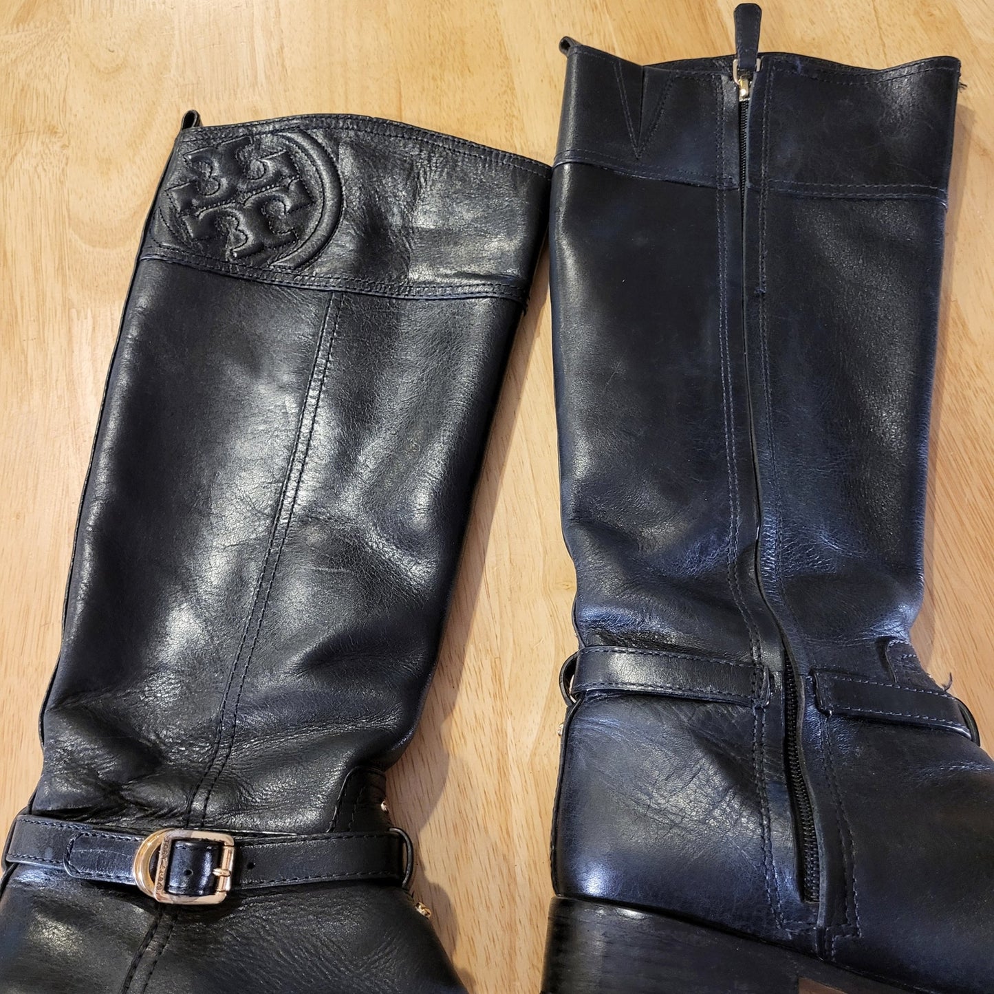 Tory Burch Black Leather Riding Boots Gold Hardware Embossed Stitched 8M