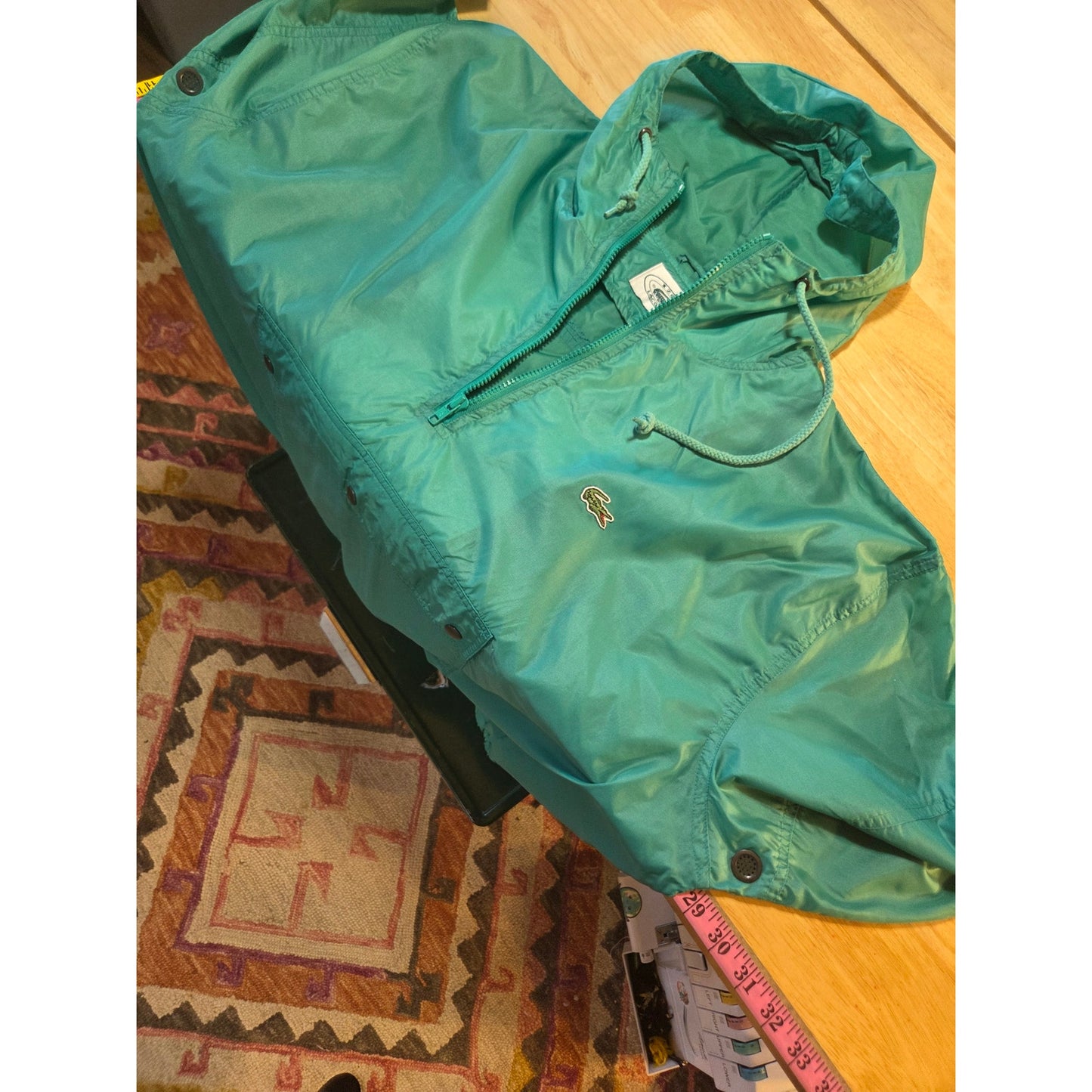 Lacoste light green pullover hooded windbreaker zip kangaroo pocket nylon XL