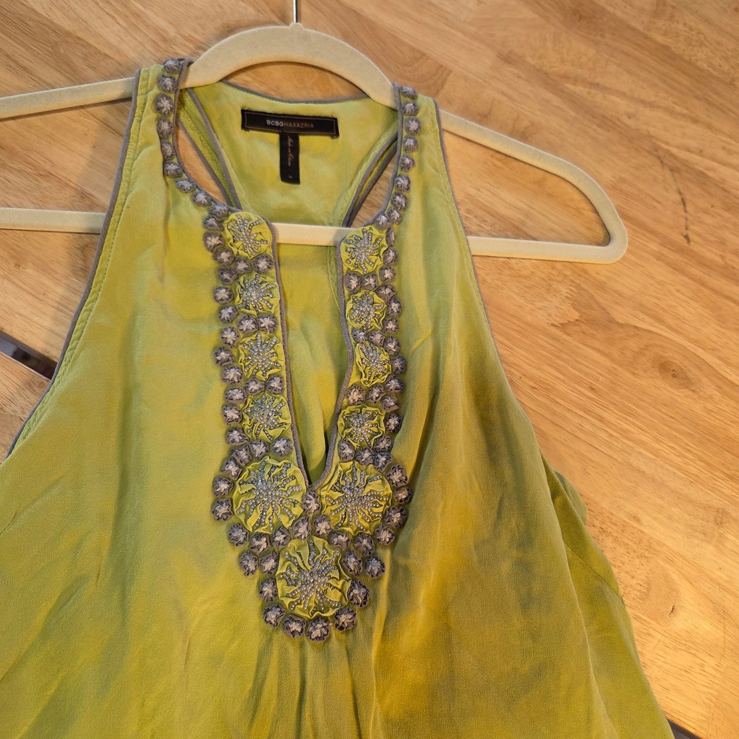 Bcbgmaxazria chartreuse neon green silk sleeveless tank dress embroidered med