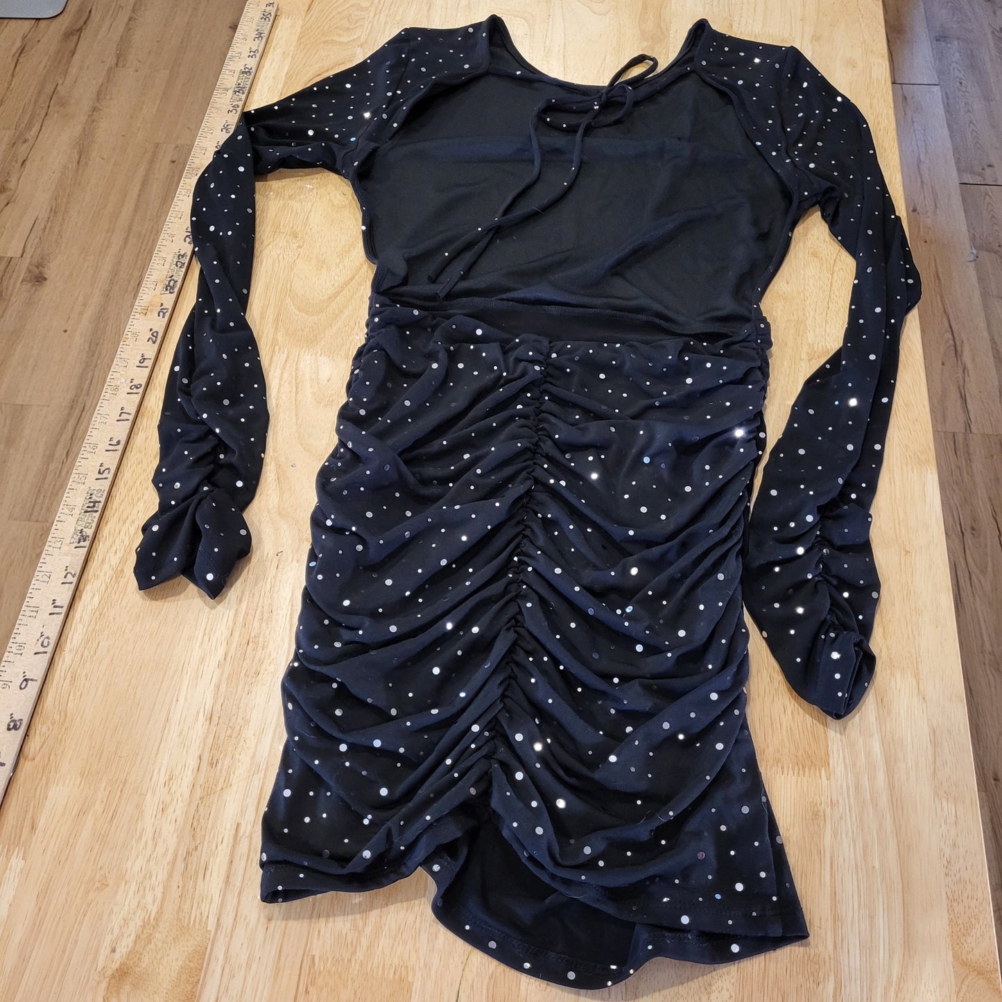 Black Jersey Knit Stretch Backless Long Sleeve Mini Dress Silver Metallic Dots