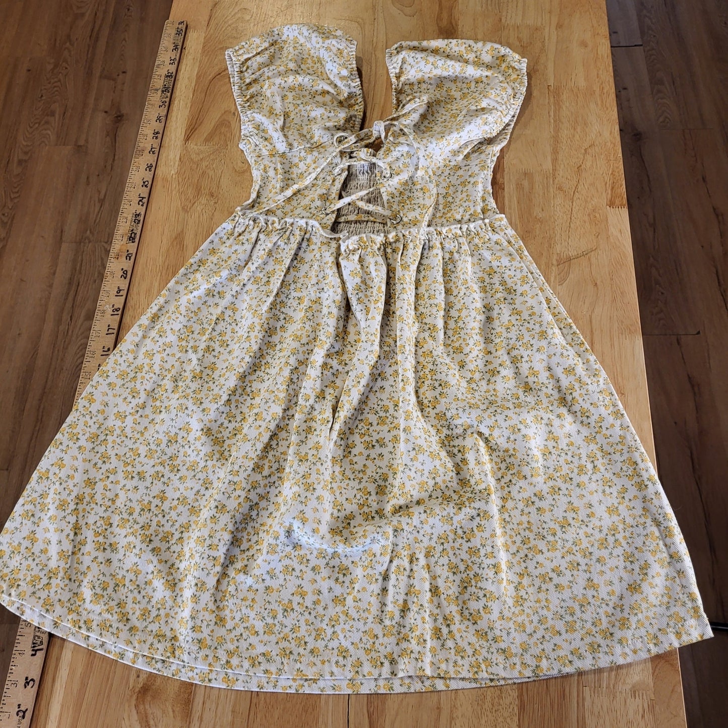 American Eagle Outfitters White Denim Yellow Flower Dress Laced Front Stretch