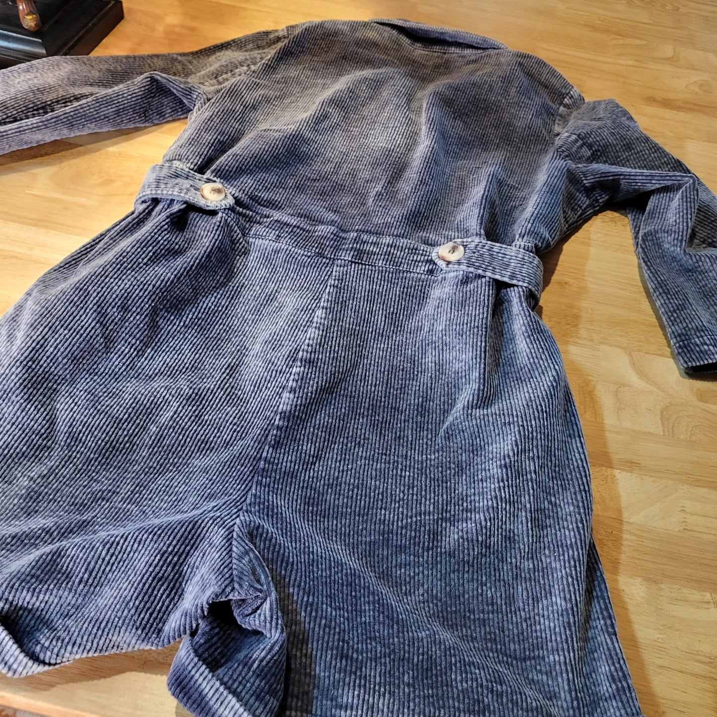 POL Blue Corduroy Long Sleeve Button Front Shorts Jumpsuit Elastic Waist Zip