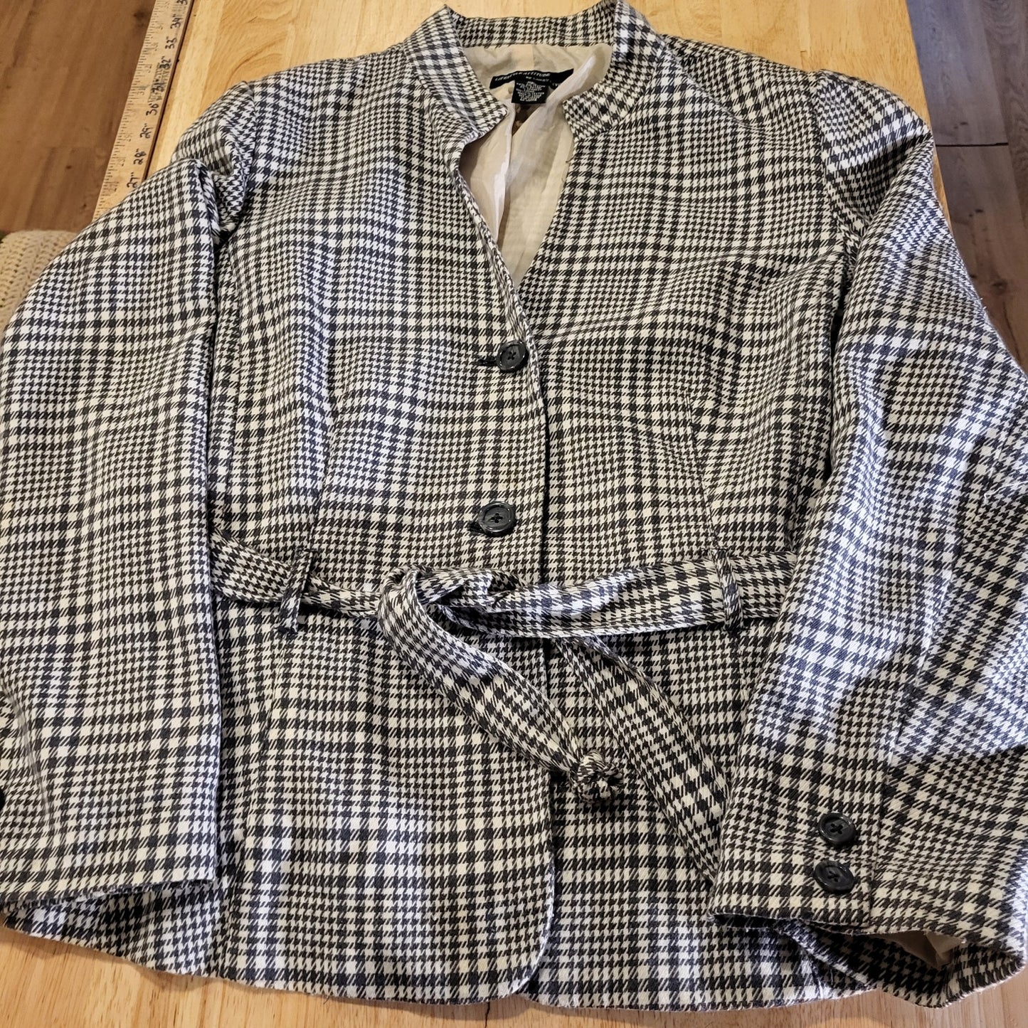 Lifestyle Attitude by Larry Levine Houndstooth Mandarin Collar Rayon Belted Coat