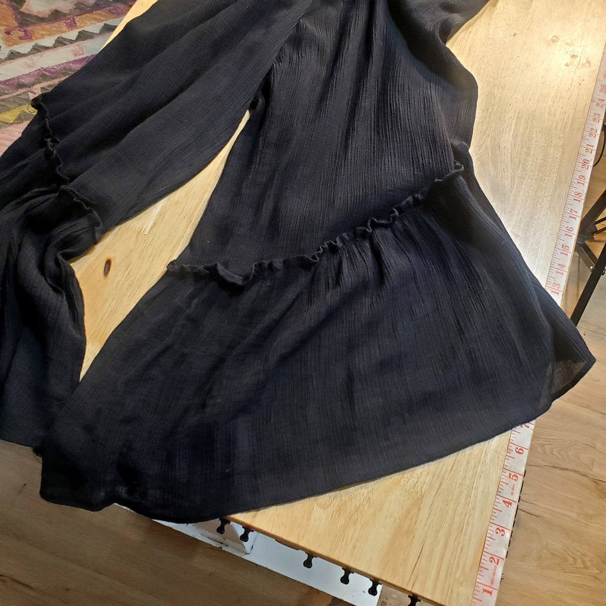 Lush Black Balloon Ruffle Hem Billowy Jumpsuit 30" Elastic Waist Wide Leg 28"